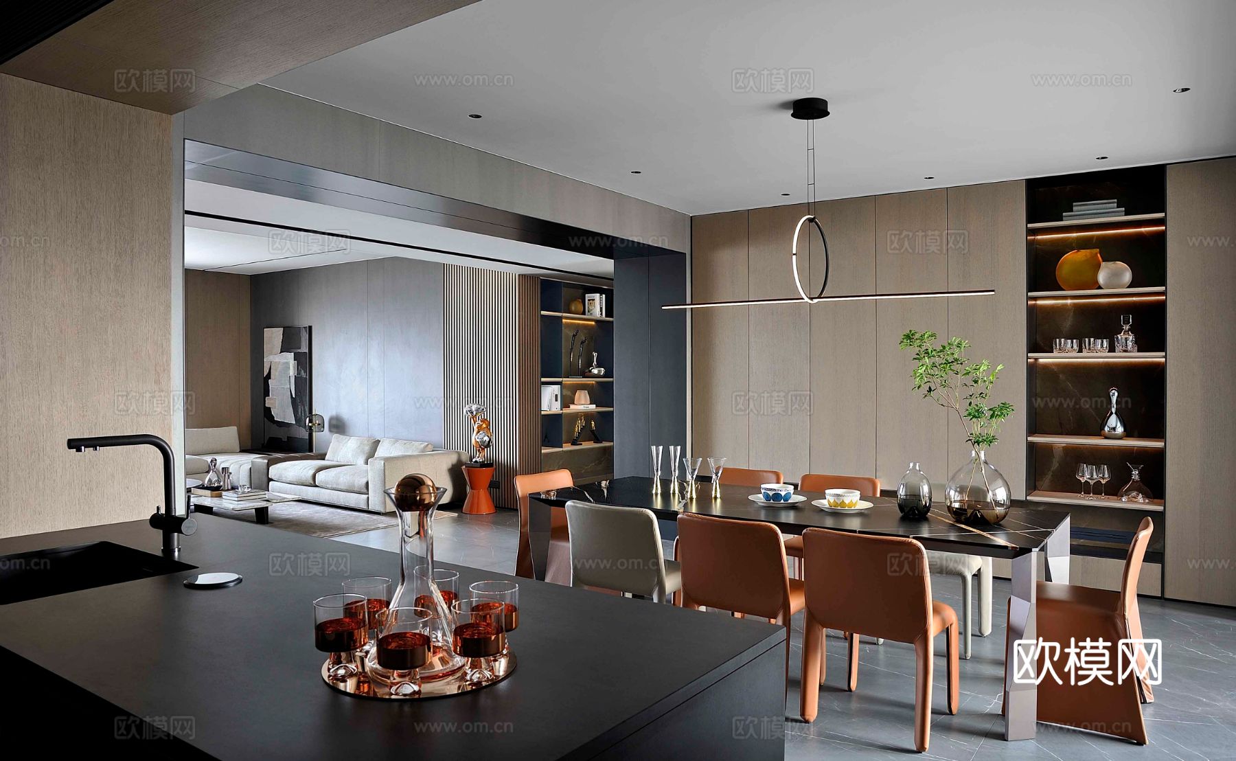 现代330m²大平层家装效果图客厅卧室餐厅 黑白灰极简效果图下载（渲染图10）