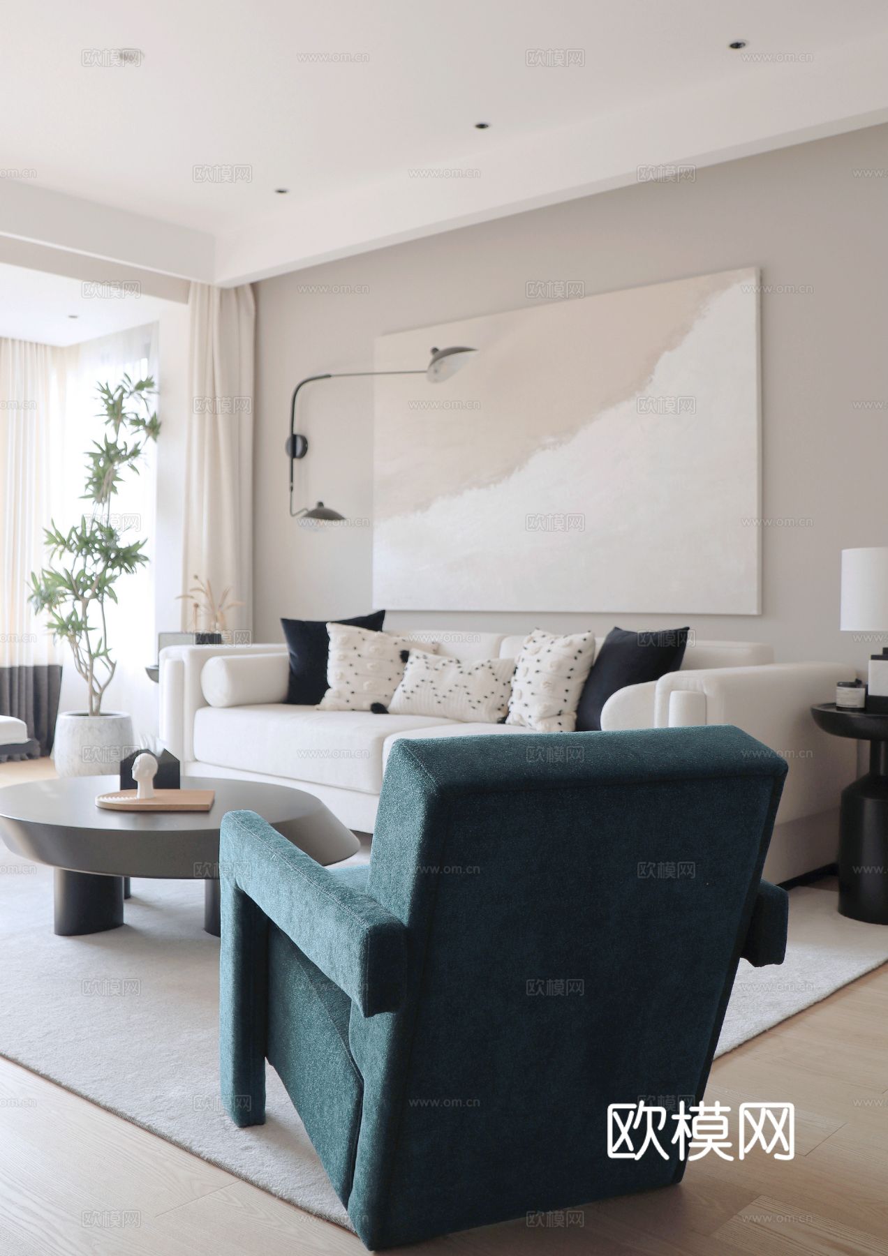 现代奶油风家装效果图客厅卧室餐厅 黑白灰极简效果图下载（渲染图3）