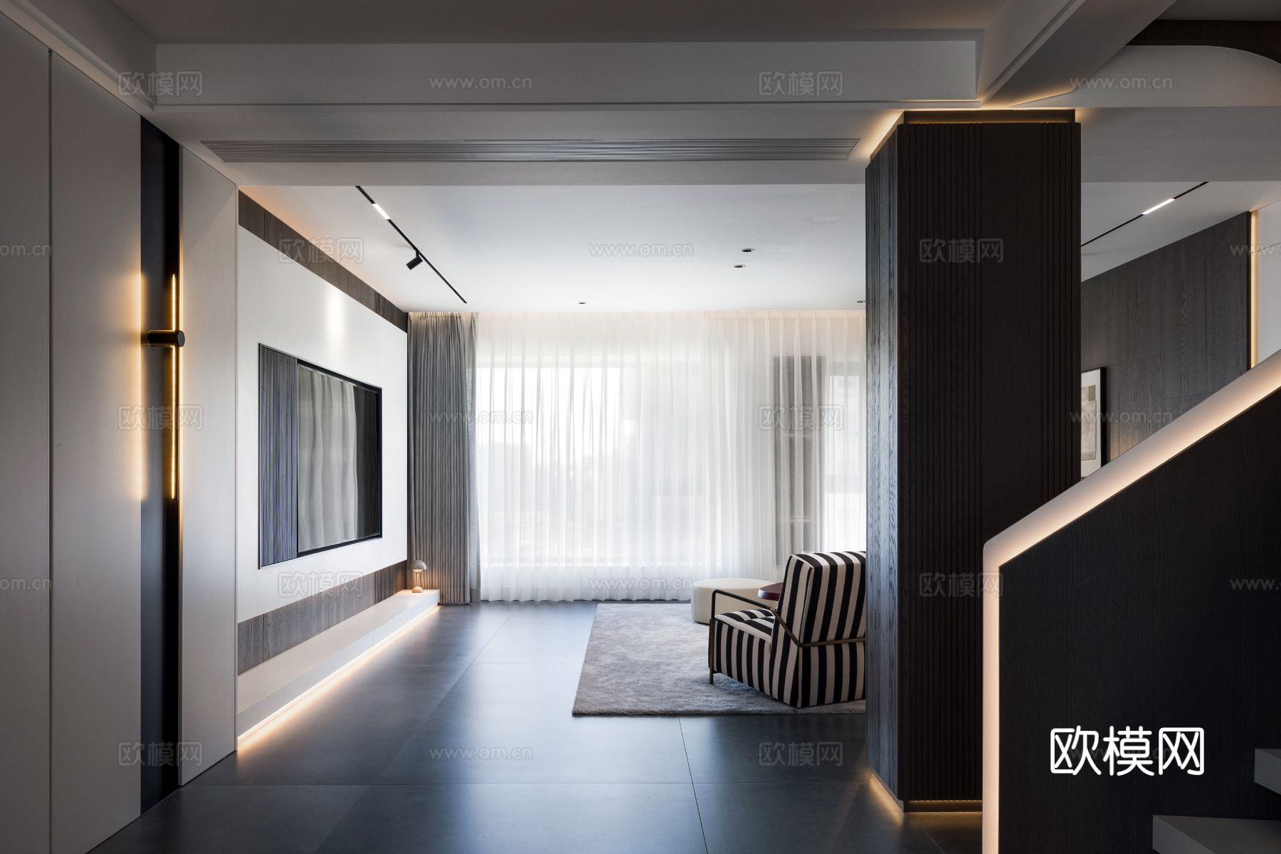 现代家装效果图客厅卧室餐厅 黑白灰极简效果图下载（渲染图2）