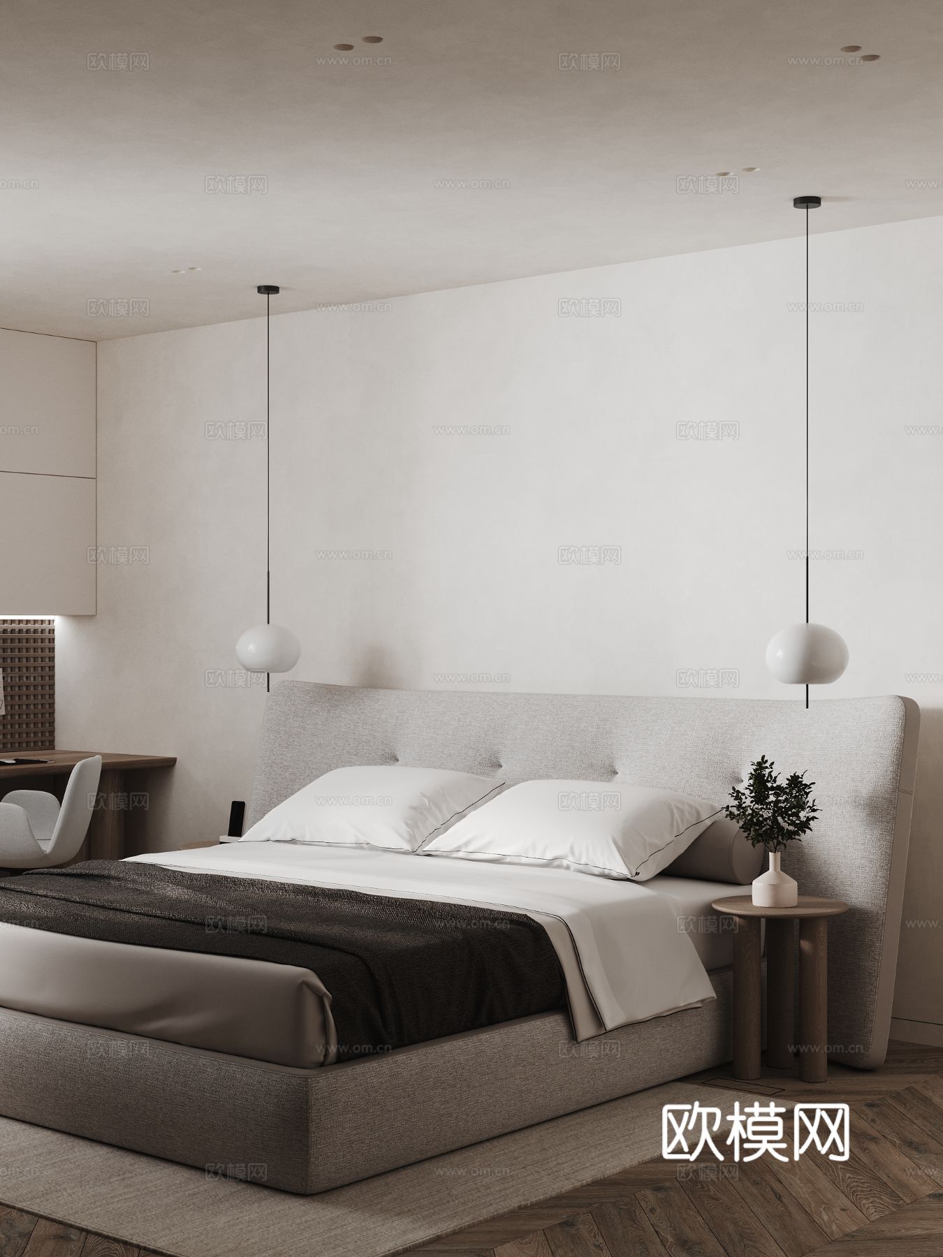 现代奶油风家装效果图客厅卧室餐厅 黑白灰极简效果图下载（渲染图3）