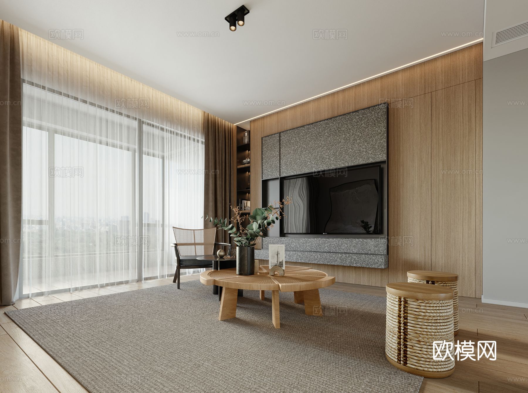 现代奶油风家装设计客厅卧室餐厅 高级灰  极简效果图下载（渲染图2）