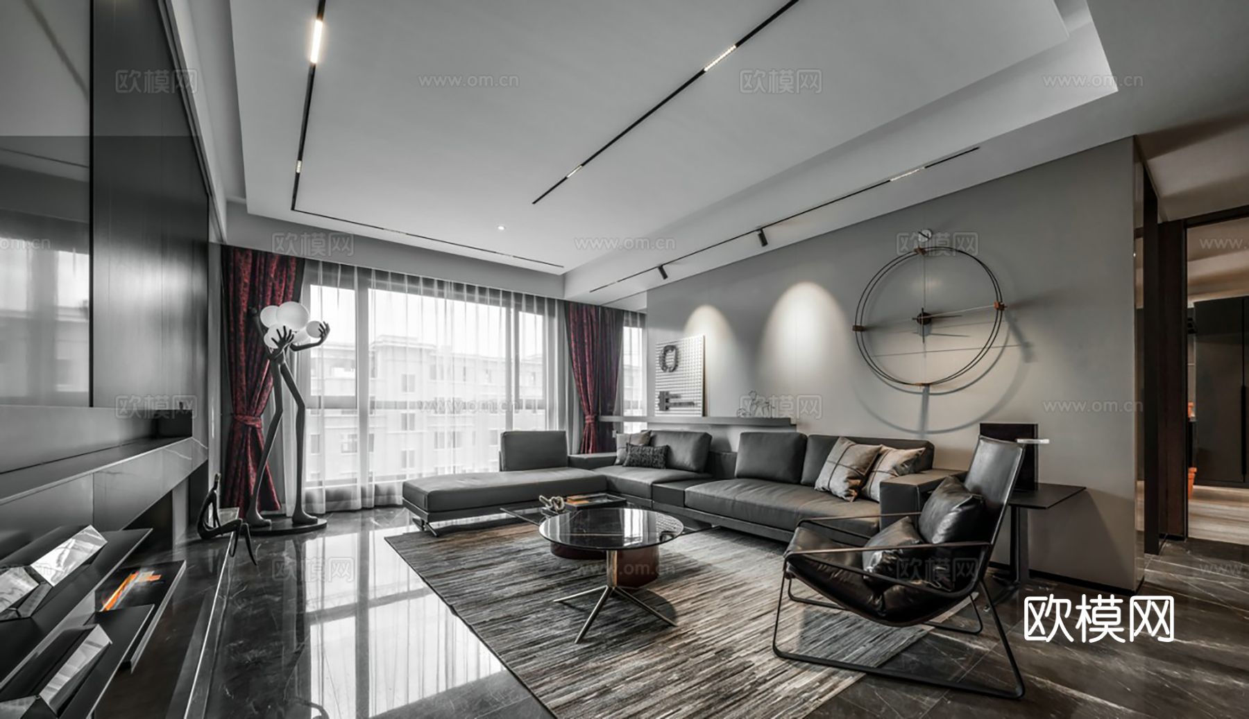 现代家装效果图客厅卧室餐厅 黑白灰极简效果图下载（渲染图1）