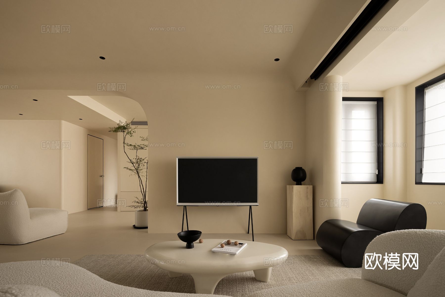 奶油风设计 客厅卧室餐厅 黑白灰 公寓效果图效果图下载（渲染图5）