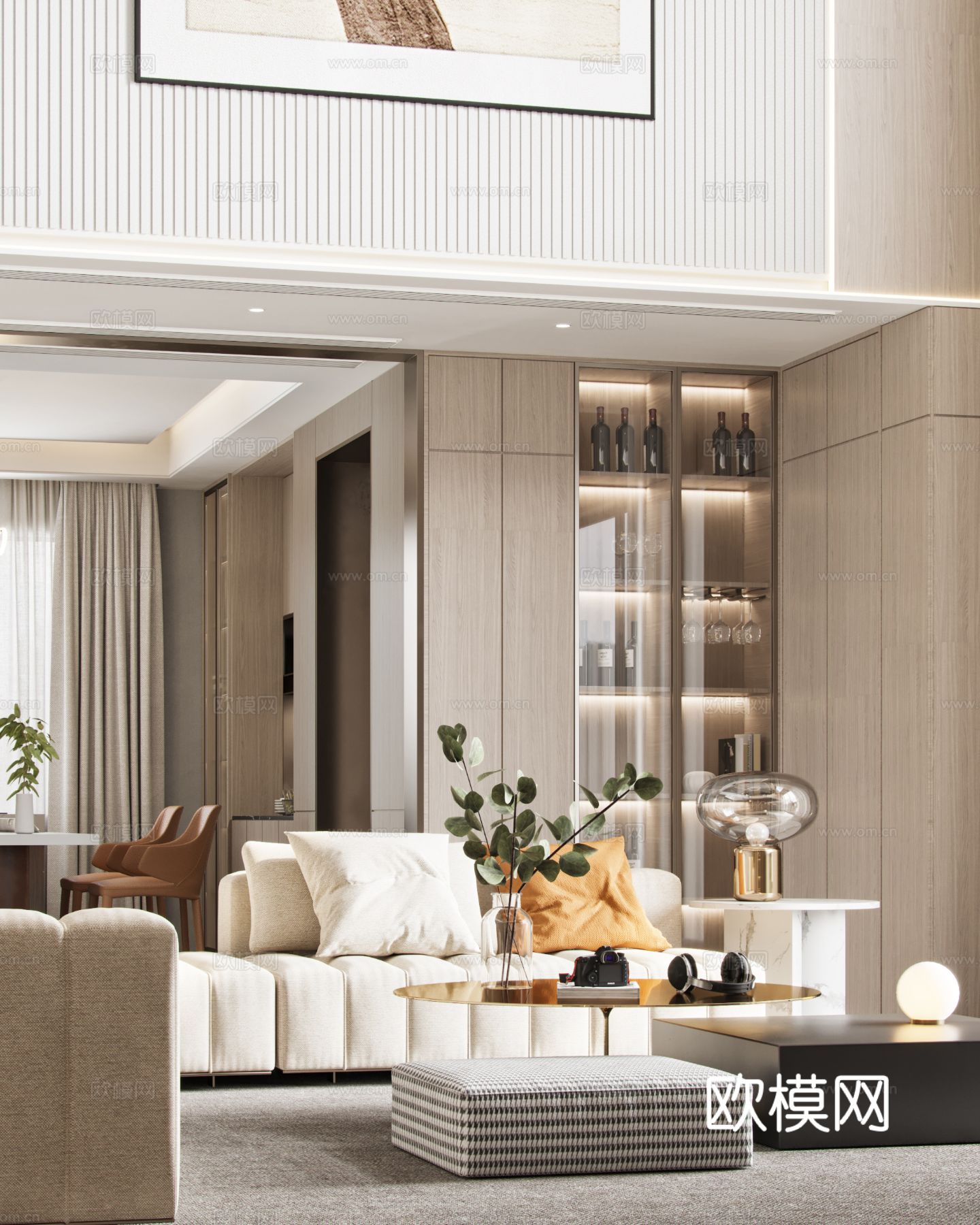 奶油风家装效果图客厅卧室餐厅 黑白灰极简效果图下载（渲染图1）