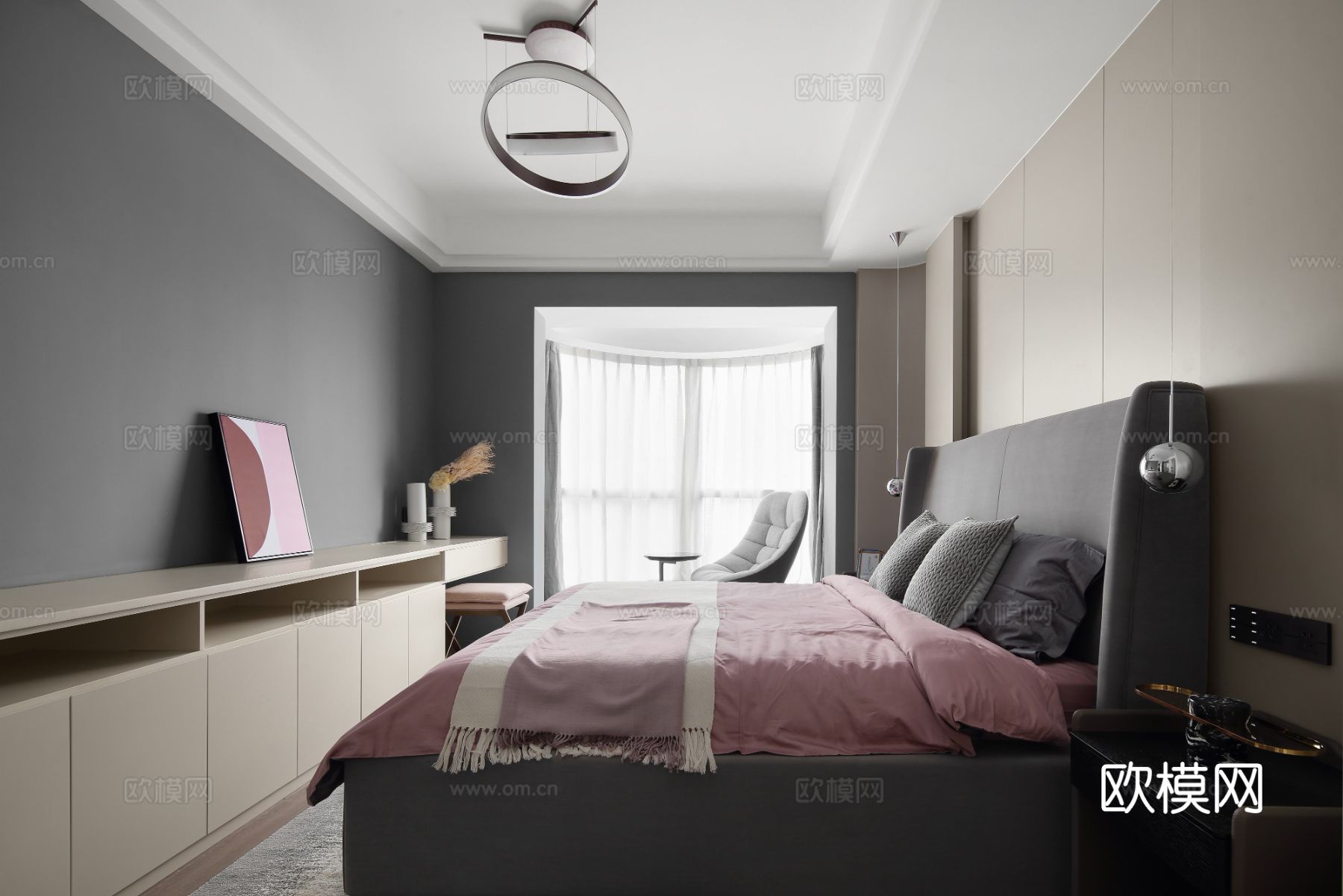 现代家装效果图 客厅卧室餐厅 高级黑自灰效果图下载（渲染图6）