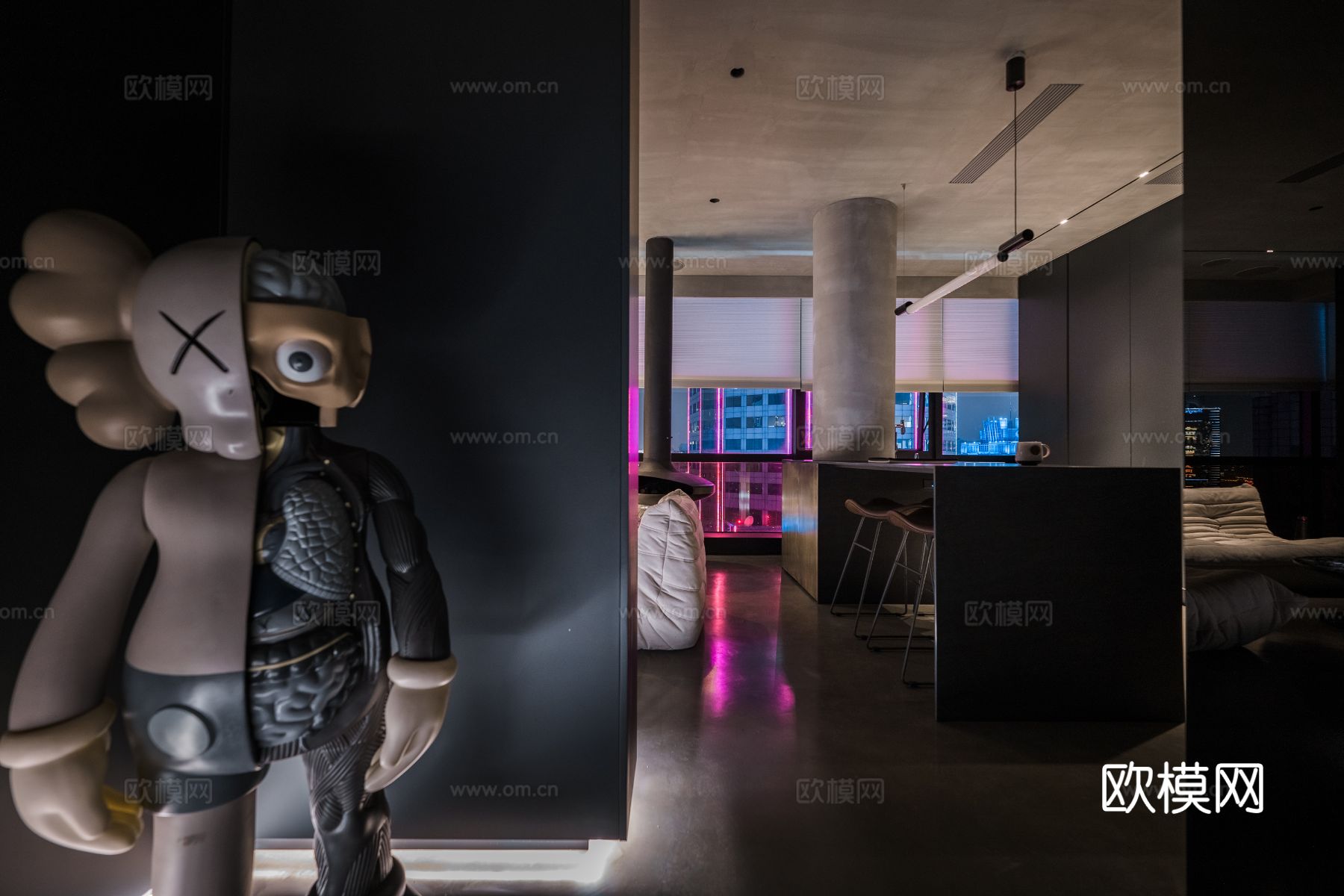 现代家装效果图客厅卧室餐厅 黑白灰极简效果图下载（渲染图8）