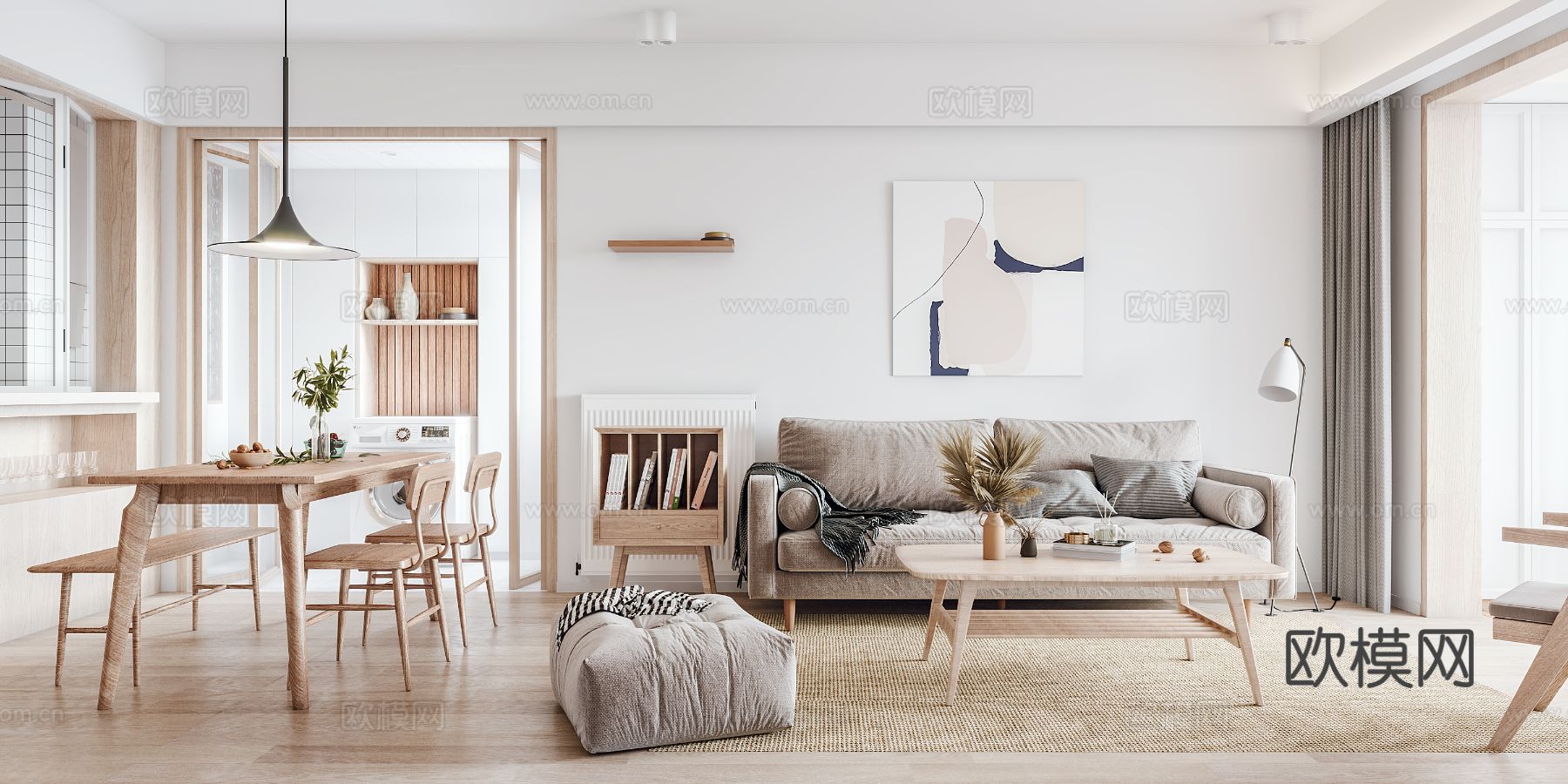 北欧家装效果图客厅卧室餐厅 黑白灰极简效果图下载（渲染图1）