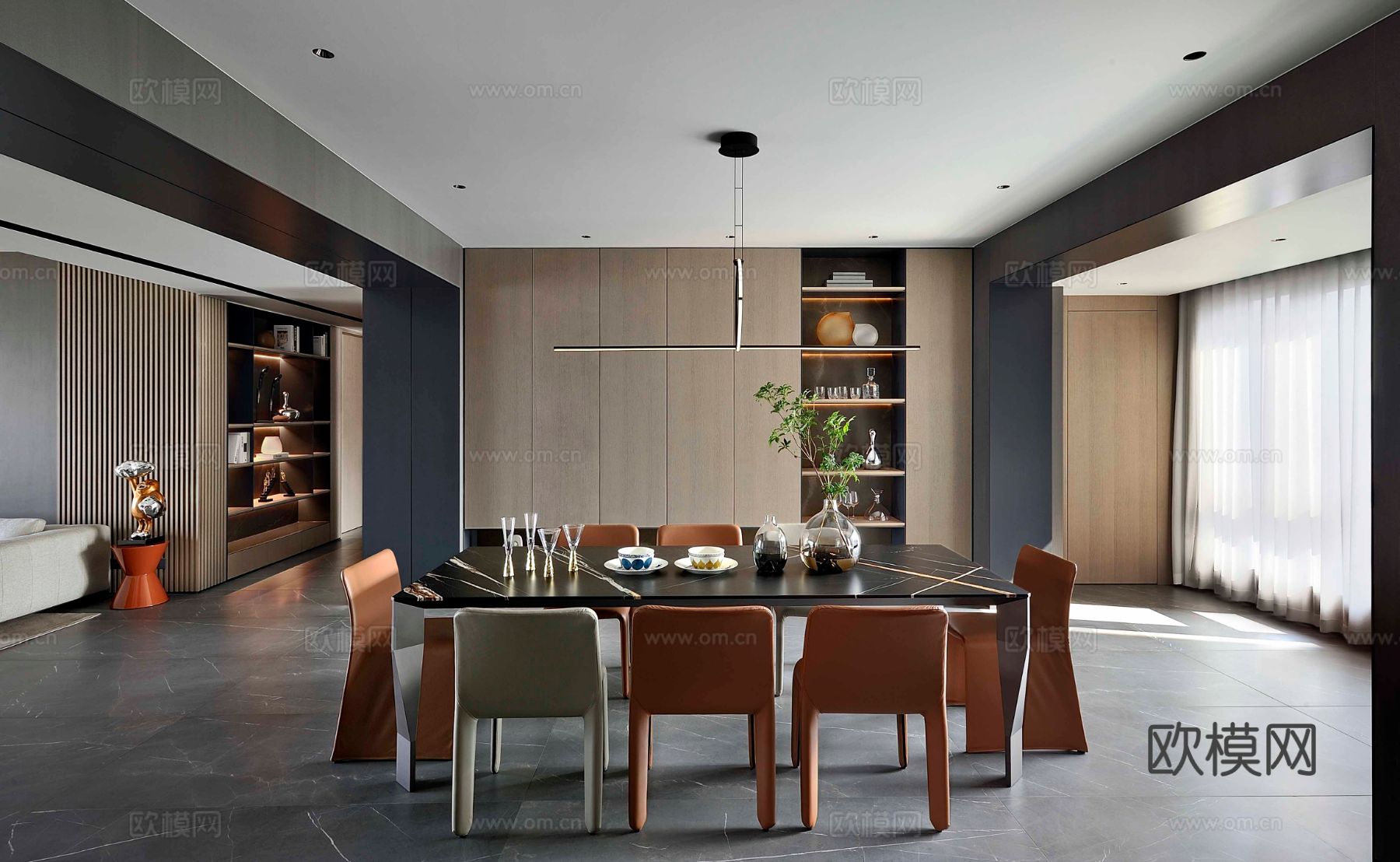 现代330m²大平层家装效果图客厅卧室餐厅 黑白灰极简效果图下载（渲染图16）