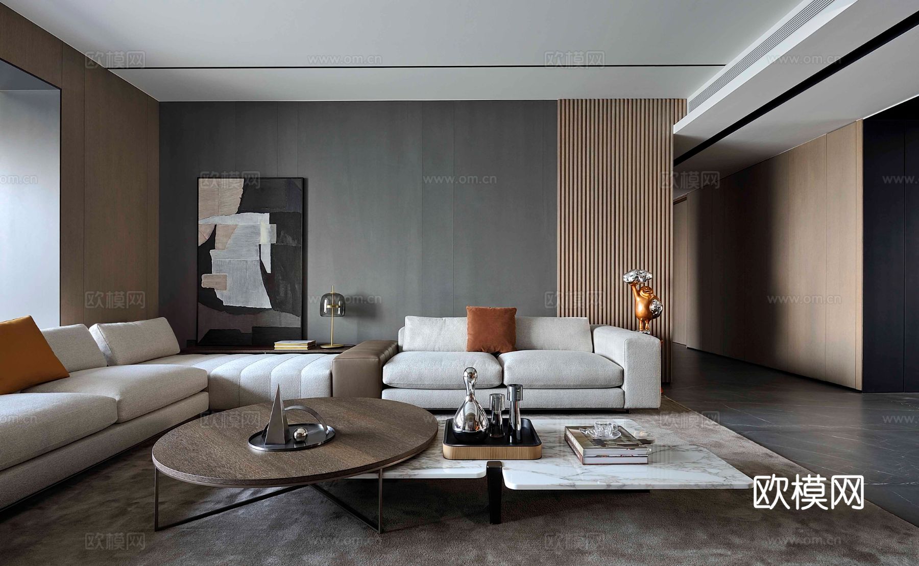 现代330m²大平层家装效果图客厅卧室餐厅 黑白灰极简效果图下载（渲染图5）