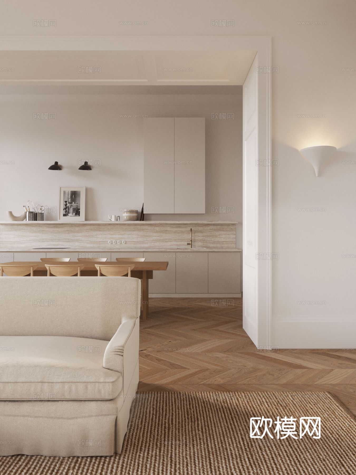 现代奶油风家装效果图客厅卧室餐厅 黑白灰极简效果图下载（渲染图2）