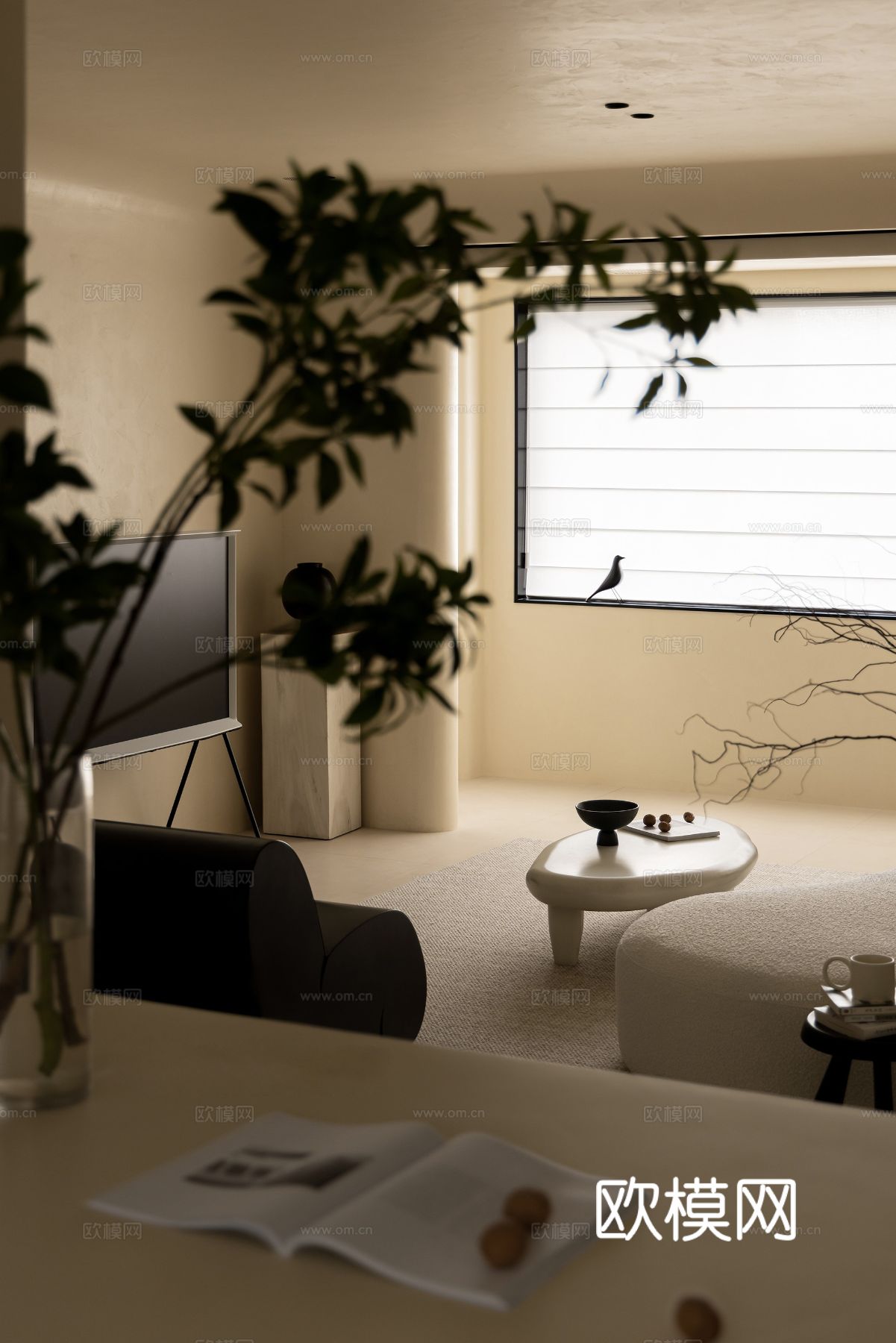 奶油风设计 客厅卧室餐厅 黑白灰 公寓效果图效果图下载（渲染图6）