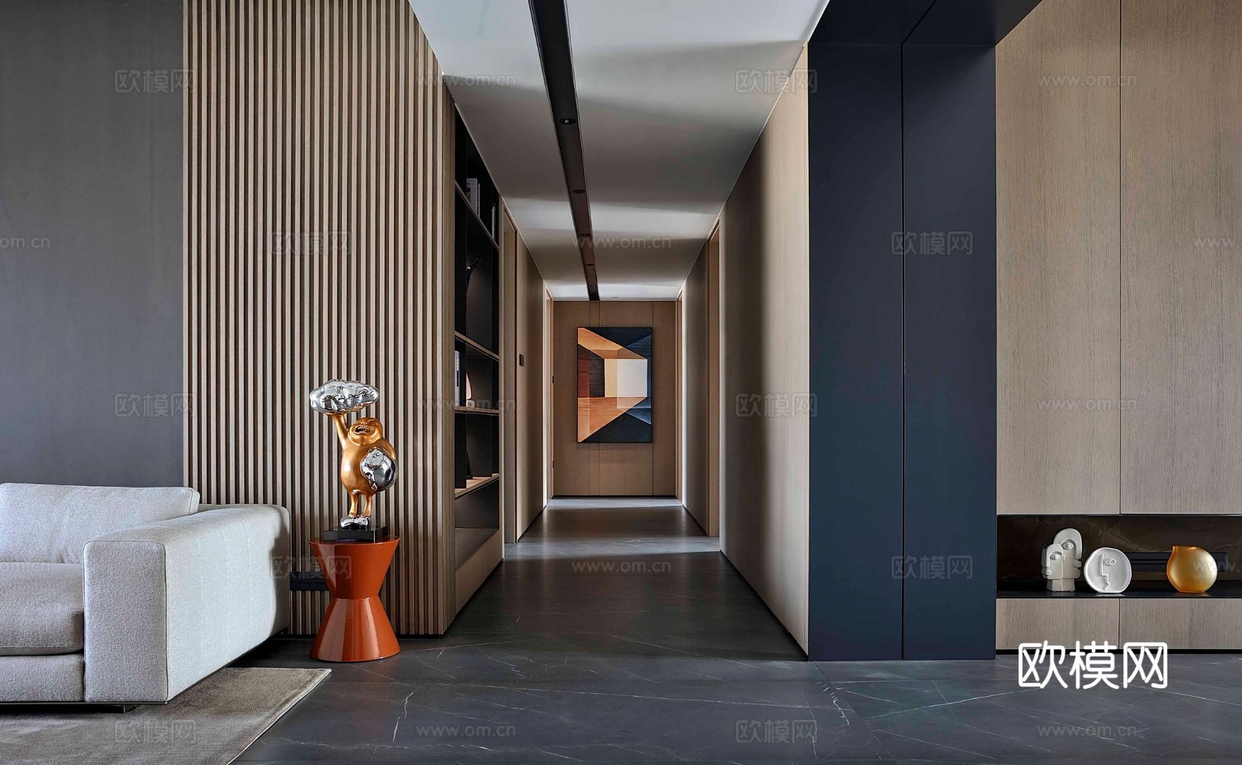 现代330m²大平层家装效果图客厅卧室餐厅 黑白灰极简效果图下载（渲染图4）