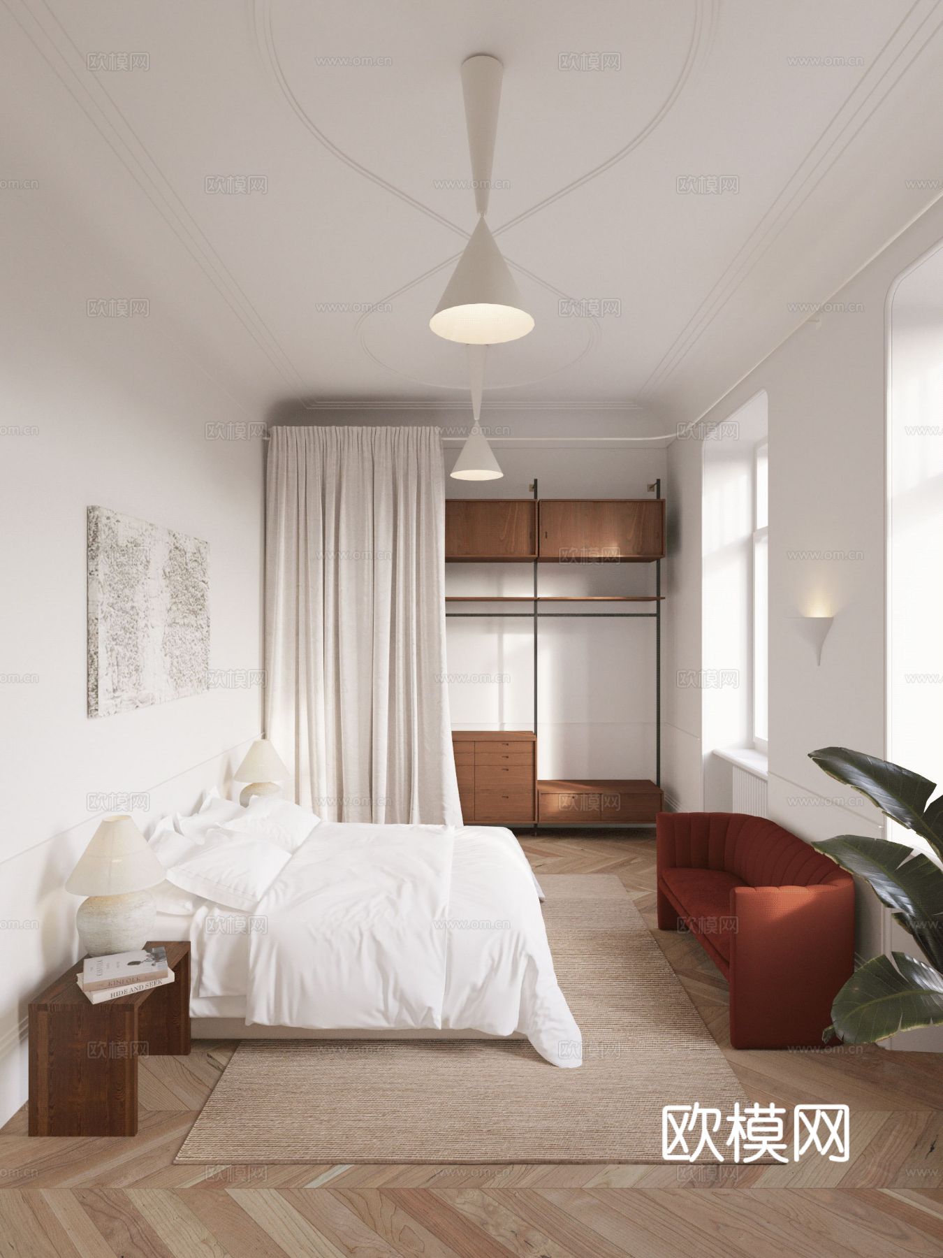 现代奶油风家装效果图客厅卧室餐厅 黑白灰极简效果图下载（渲染图8）