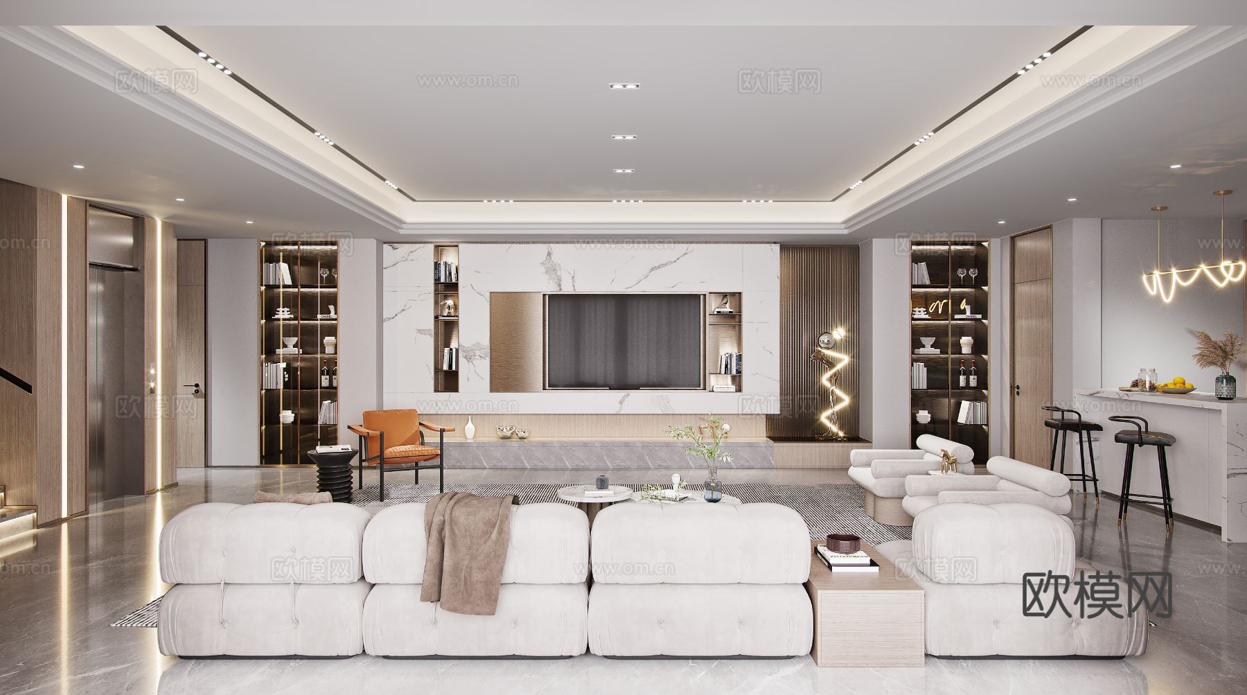 奶油风家装效果图客厅卧室餐厅 黑白灰极简效果图下载（渲染图16）