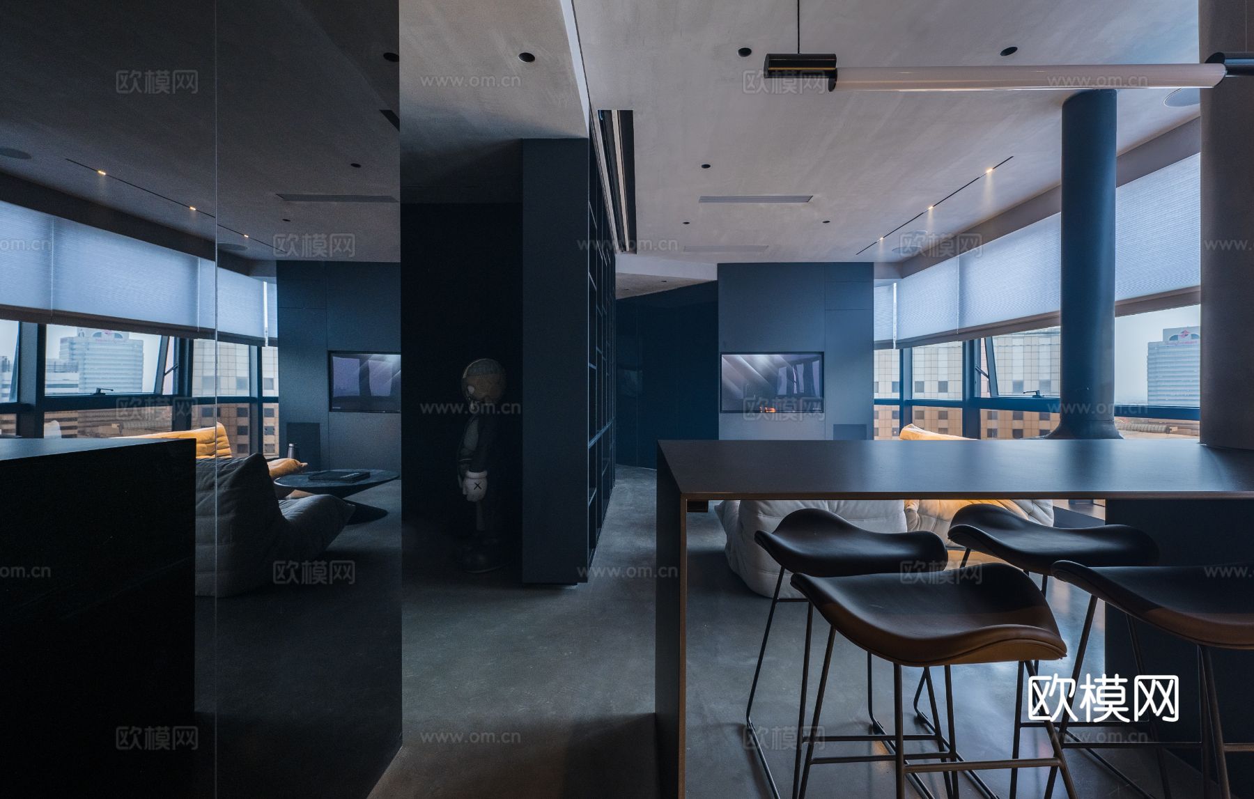 现代家装效果图客厅卧室餐厅 黑白灰极简效果图下载（渲染图3）