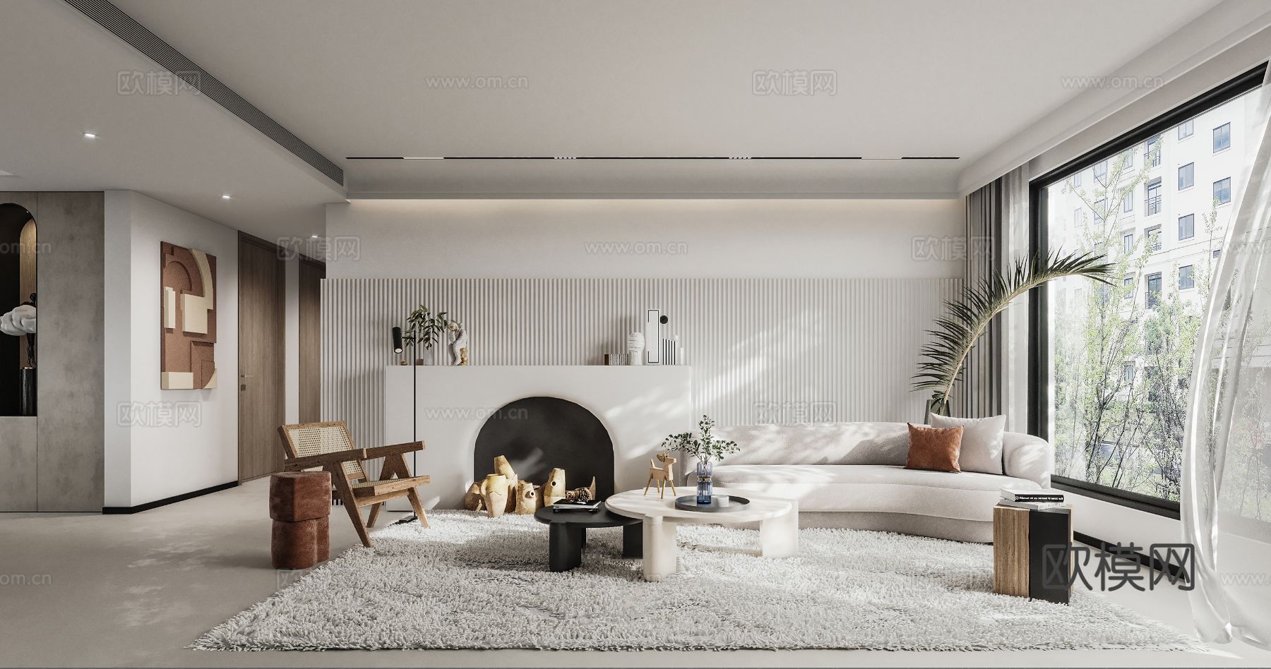 奶油风家装效果图客厅卧室餐厅 黑白灰极简效果图下载（渲染图1）