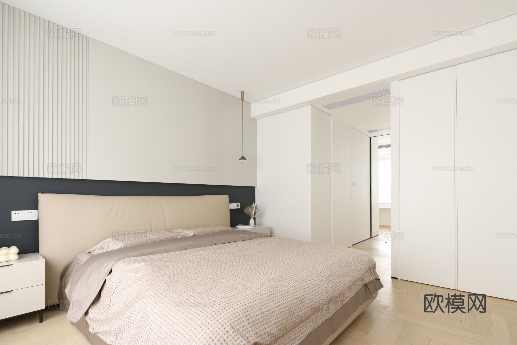 奶油风家装设计 客厅卧室餐厅 黑白灰 公寓效果图下载（渲染图14）