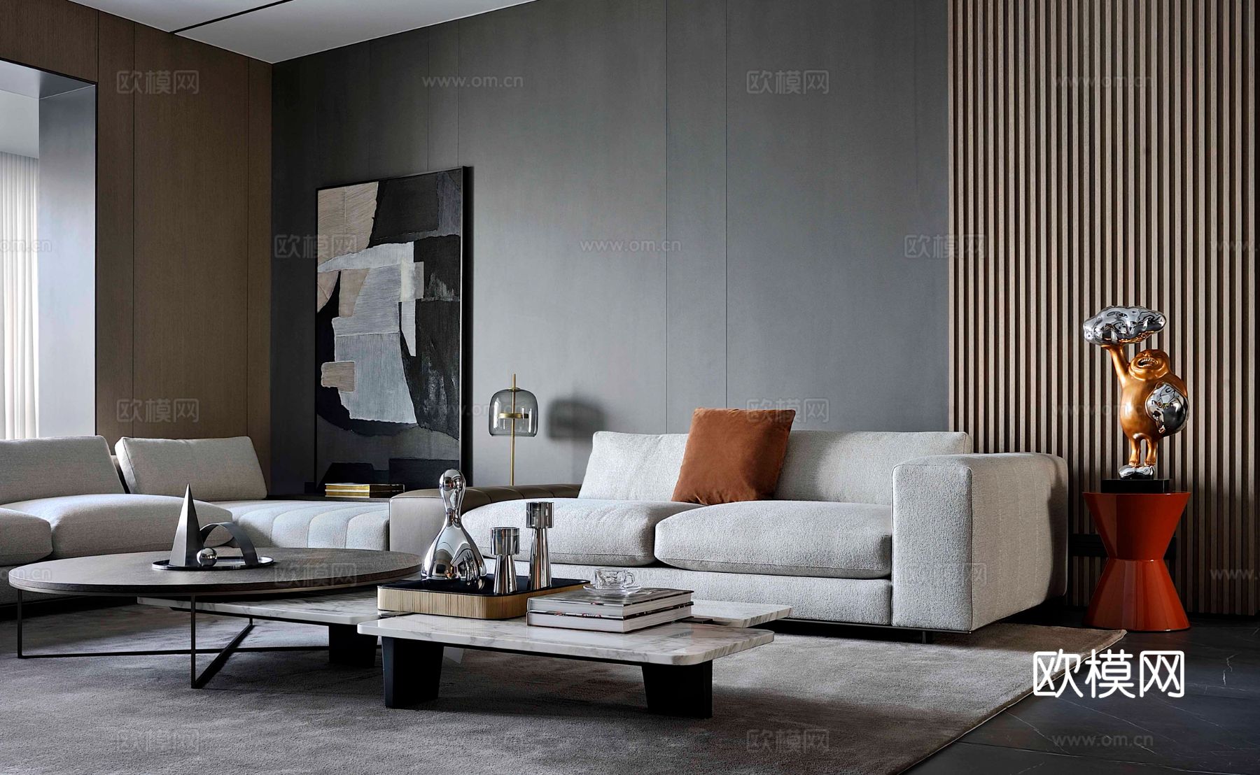 现代330m²大平层家装效果图客厅卧室餐厅 黑白灰极简效果图下载（渲染图2）