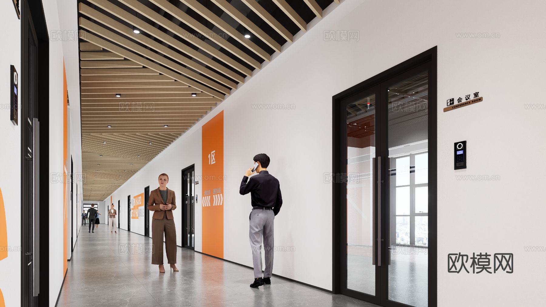 现代办公走廊效果图下载（渲染图3）