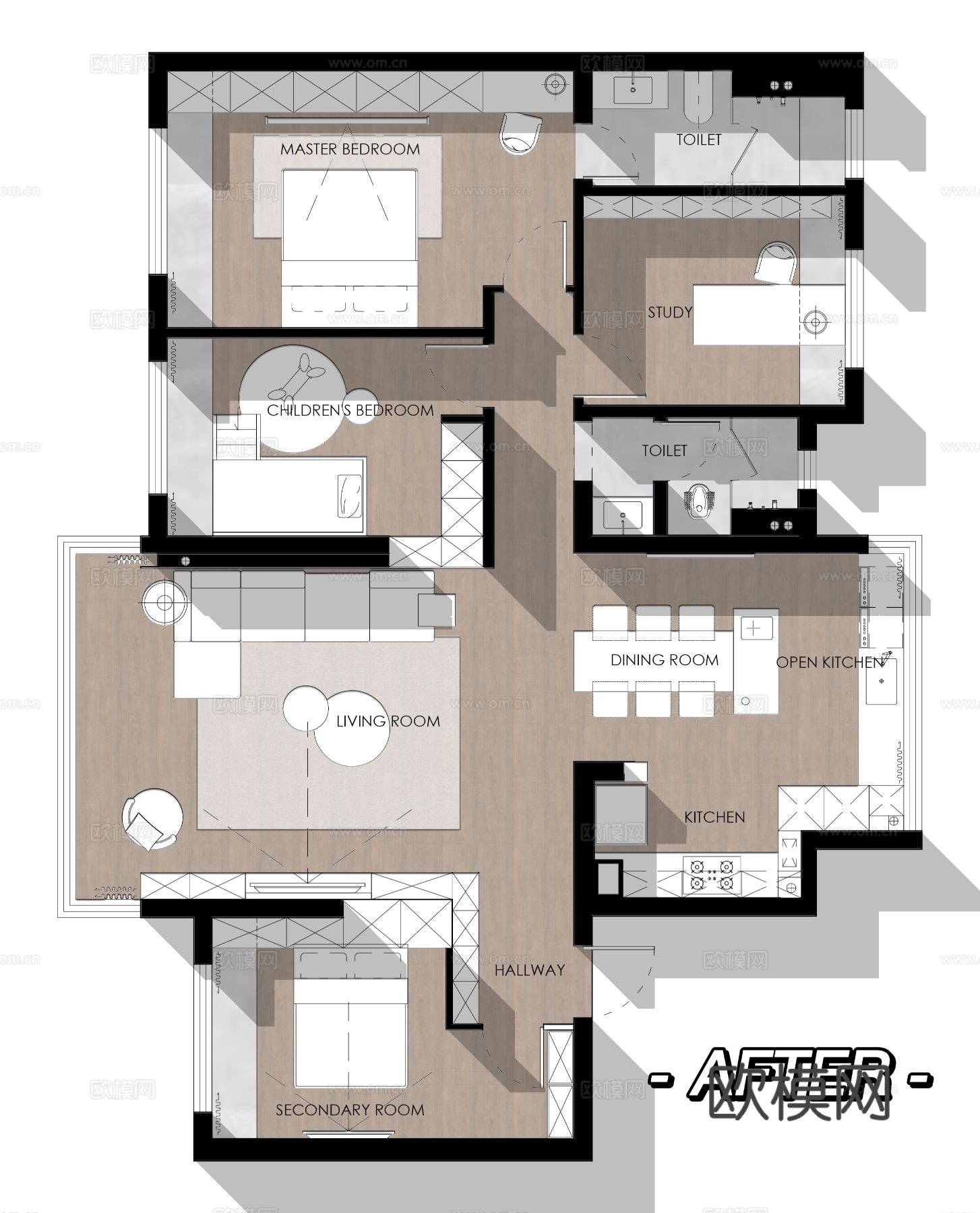 现代家装效果图客厅卧室餐厅 黑白灰极简效果图下载（渲染图3）