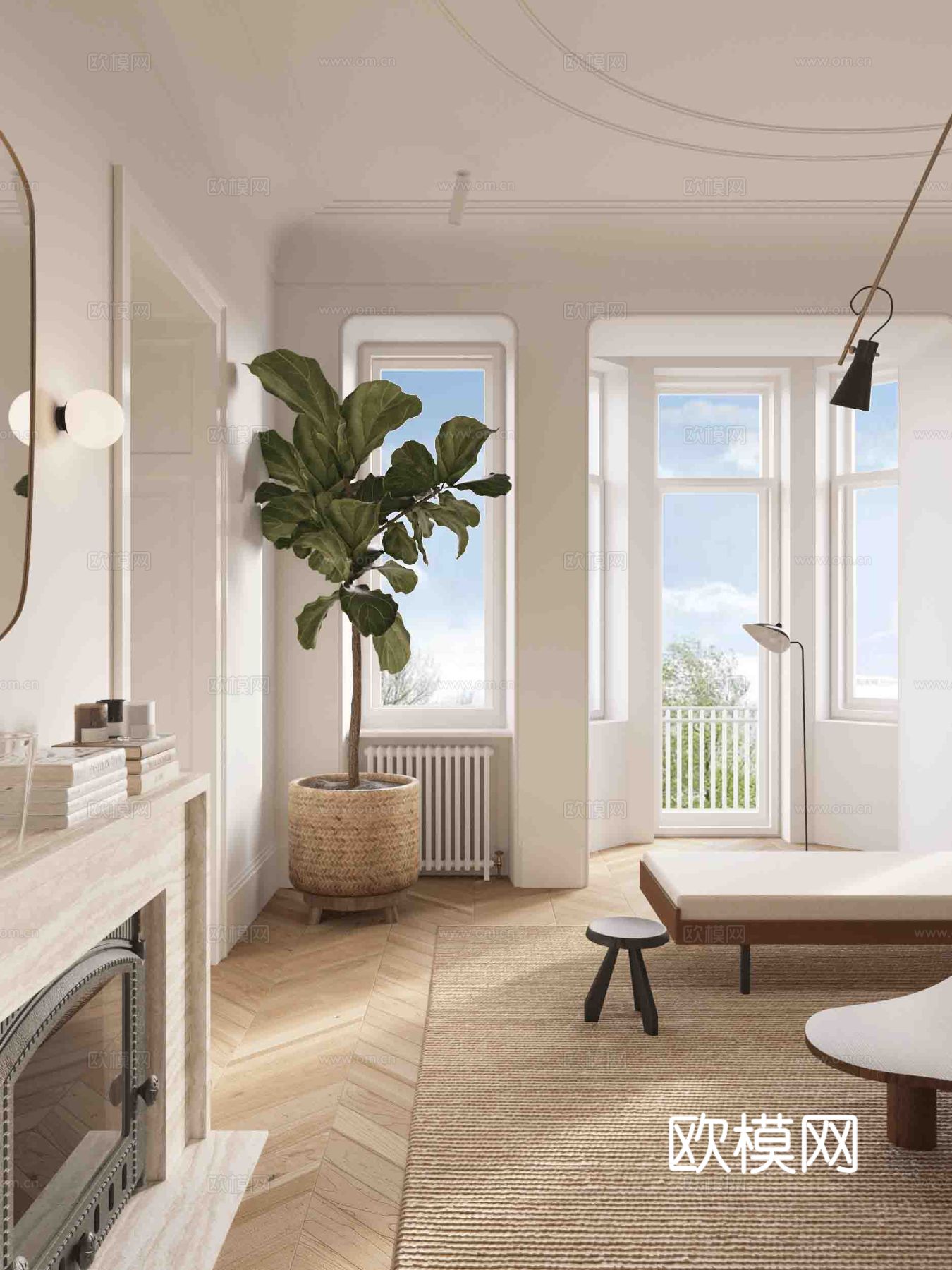 现代奶油风家装效果图客厅卧室餐厅 黑白灰极简效果图下载（渲染图1）