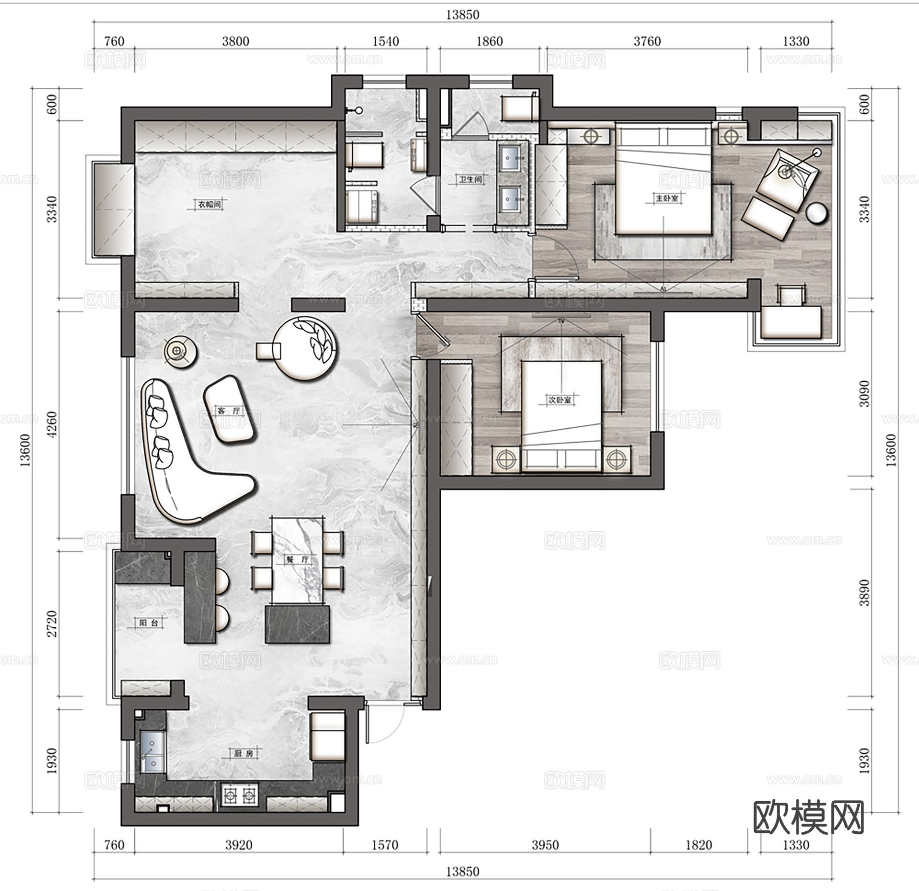 现代家装效果图客厅卧室餐厅黑白灰效果图下载（渲染图12）