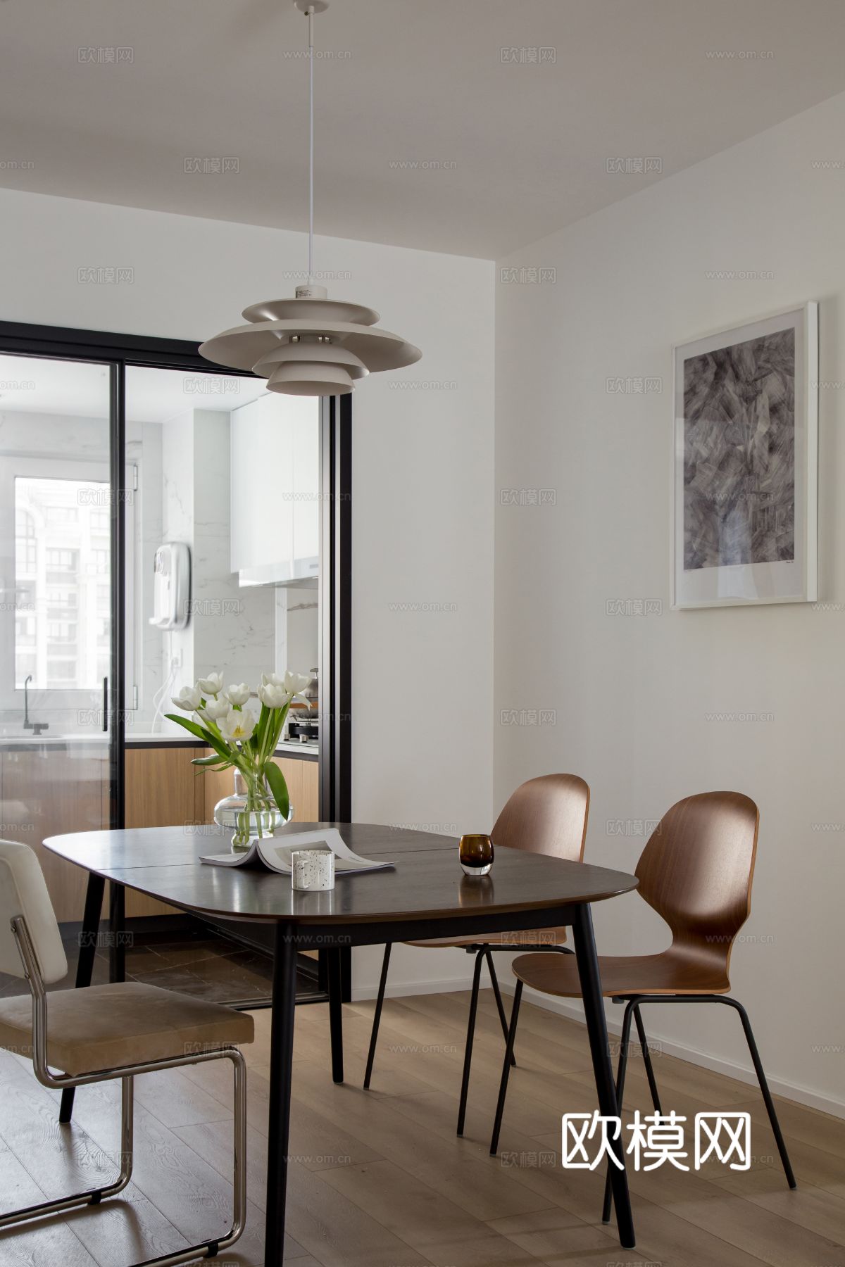 原木效果图客厅卧室餐厅 黑白灰极简效果图下载（渲染图1）