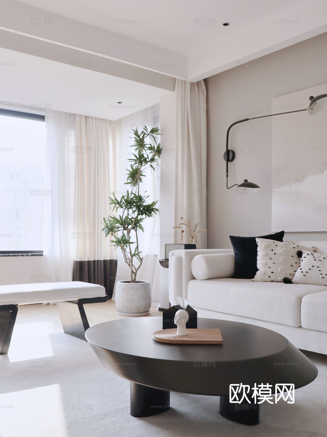 现代奶油风家装效果图客厅卧室餐厅 黑白灰极简效果图下载（渲染图1）