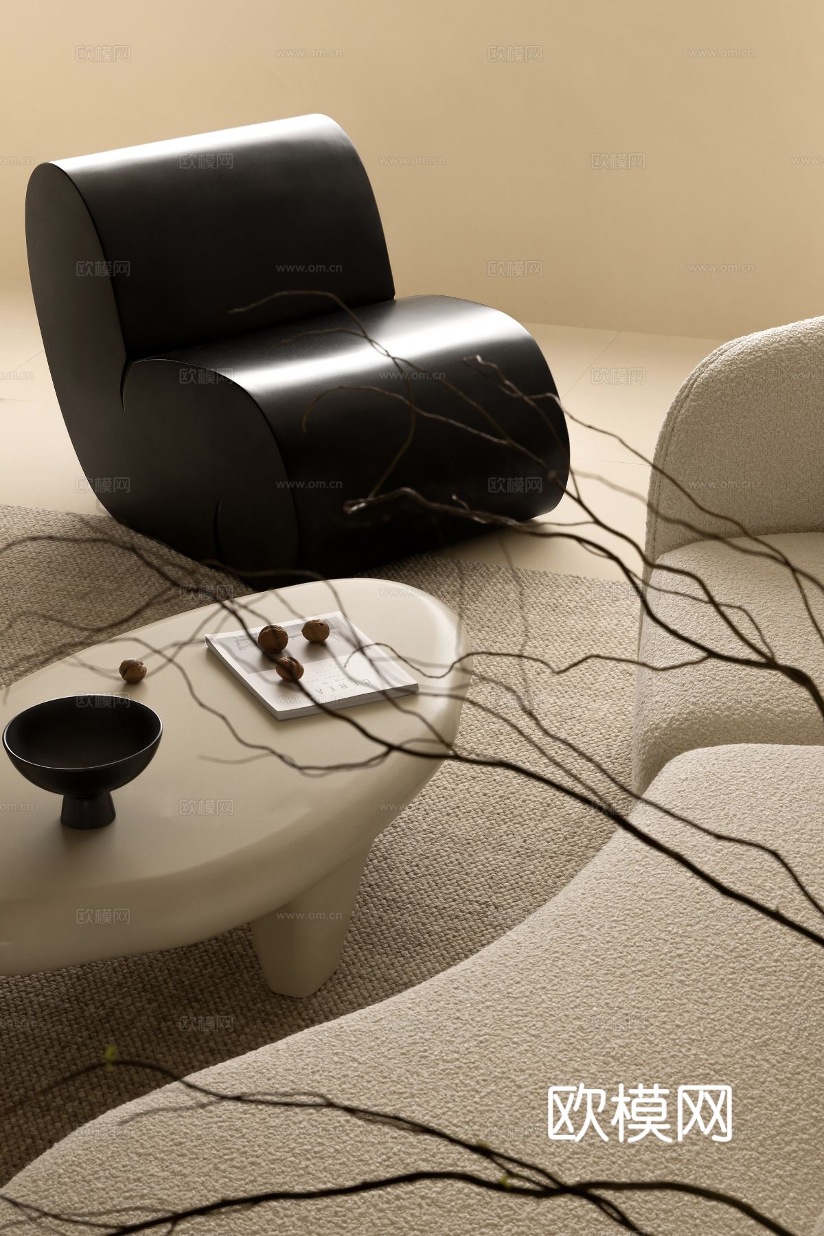 奶油风设计 客厅卧室餐厅 黑白灰 公寓效果图效果图下载（渲染图4）