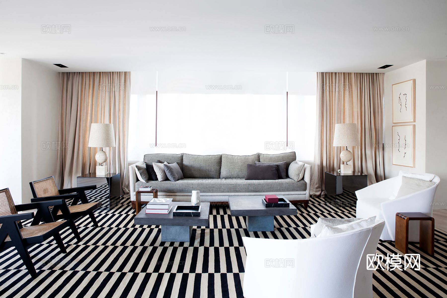 现代简约家装效果图 客厅卧室餐厅 黑白灰效果图下载（渲染图1）