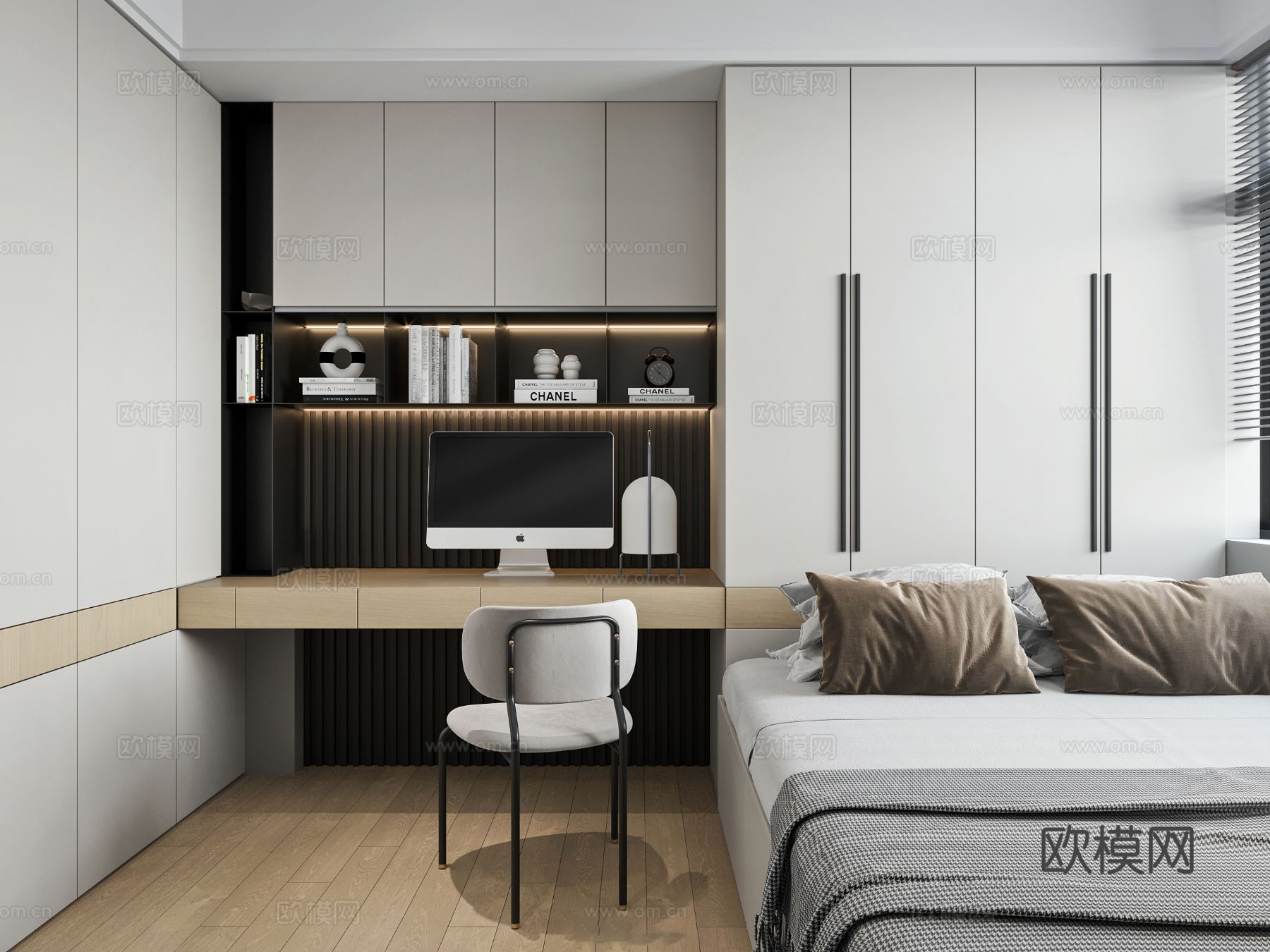 现代奶油风家装效果图客厅卧室餐厅 黑白灰极简效果图下载（渲染图4）