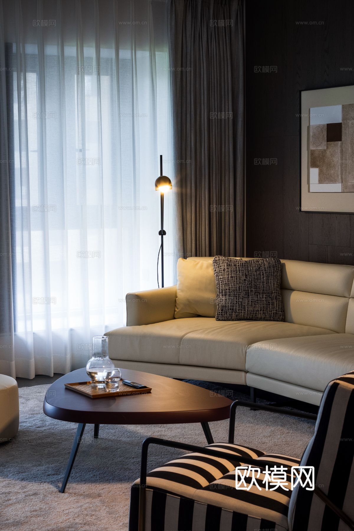 现代家装效果图客厅卧室餐厅 黑白灰极简效果图下载（渲染图3）