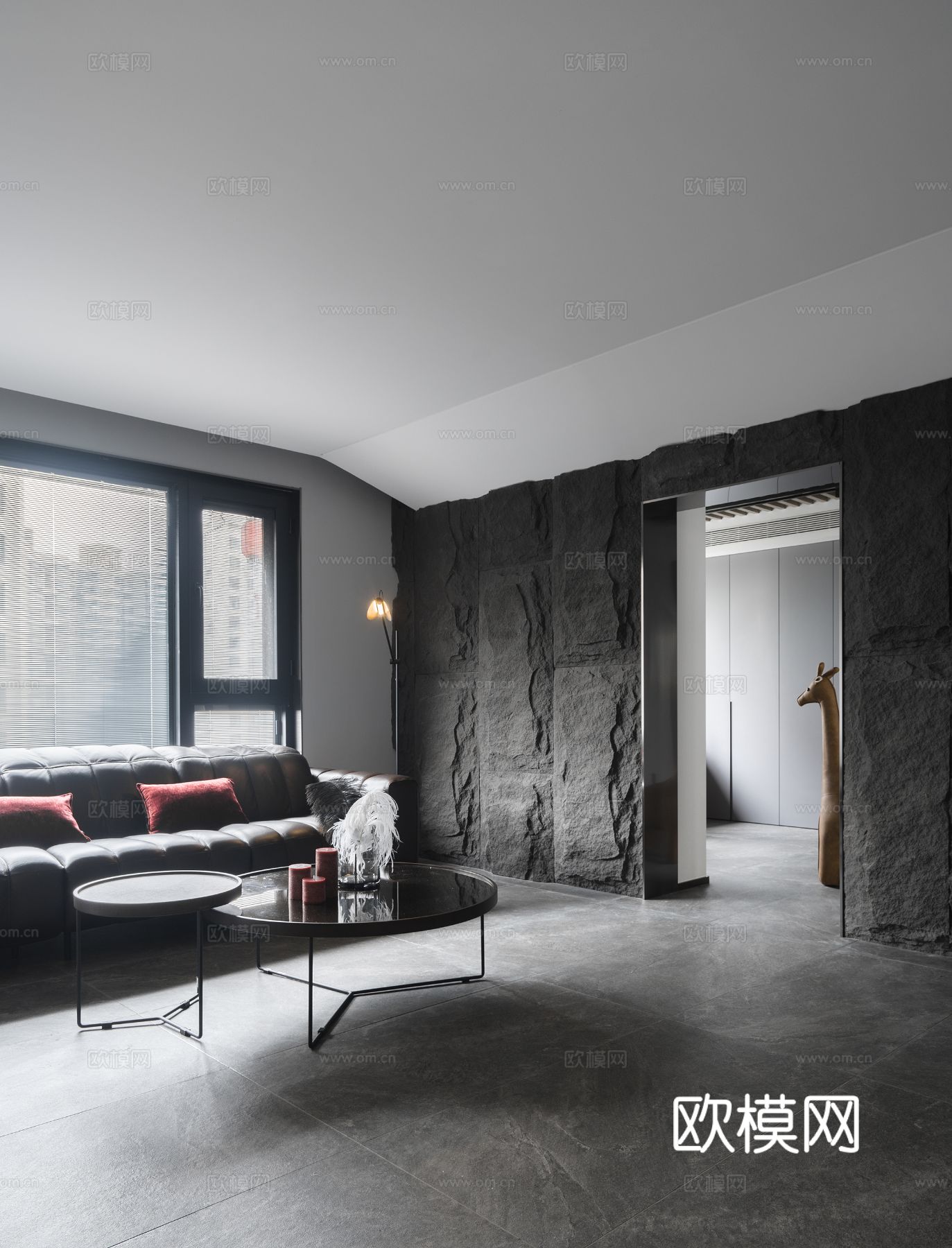 现代家装效果图客厅卧室餐厅黑白灰效果图下载（渲染图3）
