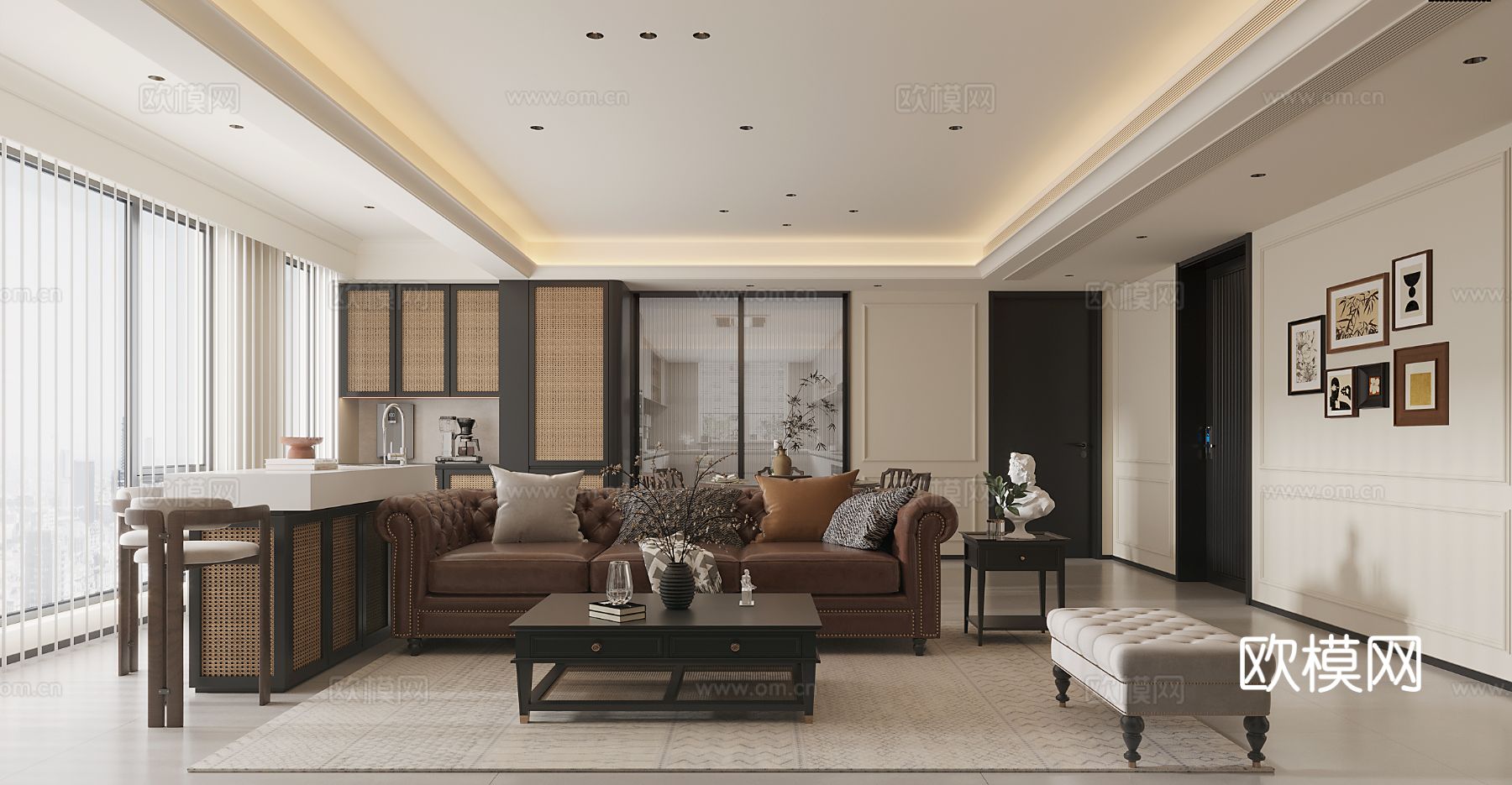 美式复古客餐厅 主卧 卫生间效果图下载（渲染图1）