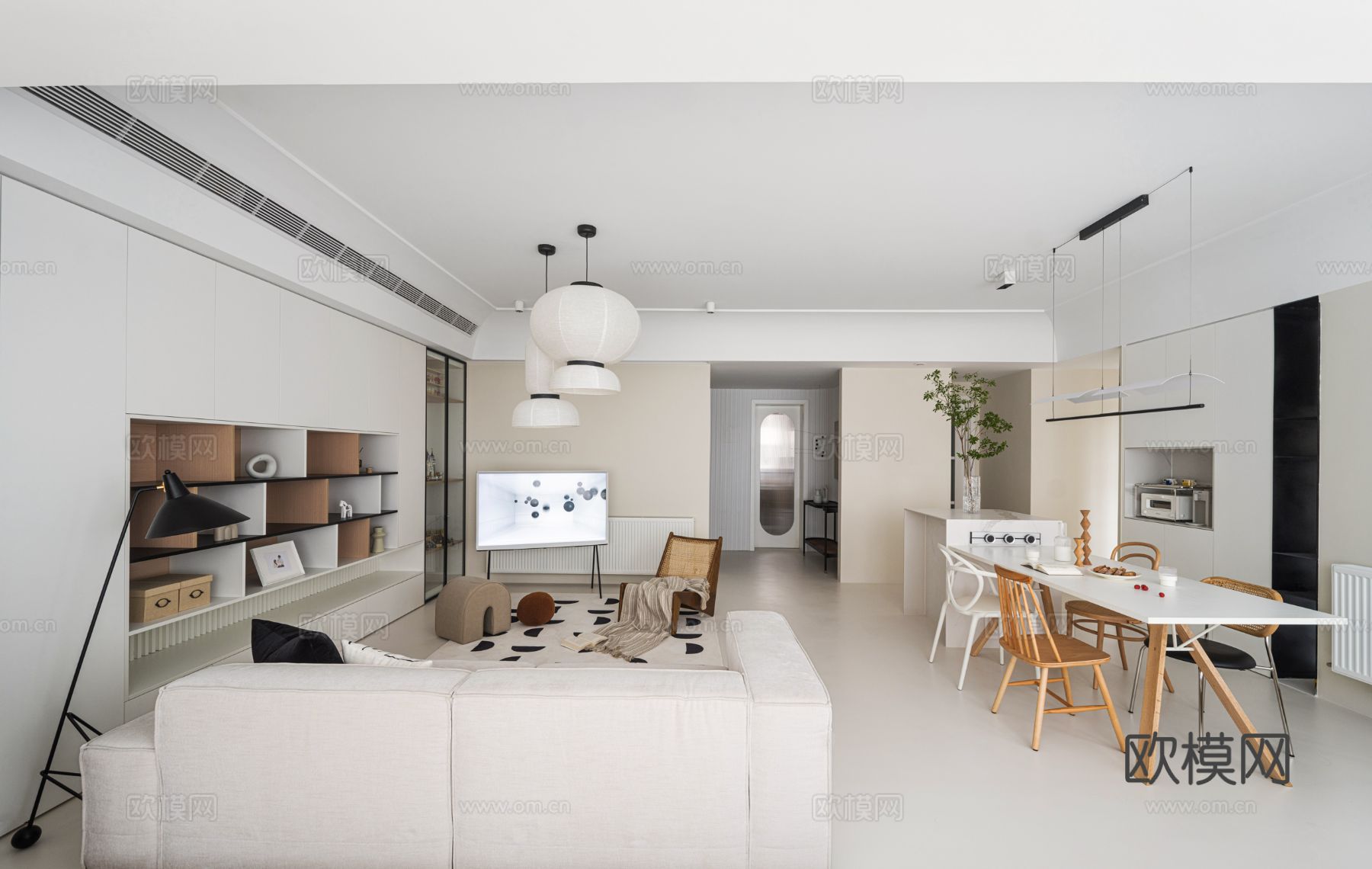 现代奶油风家装效果图客厅卧室餐厅 黑白灰极简效果图下载（渲染图3）