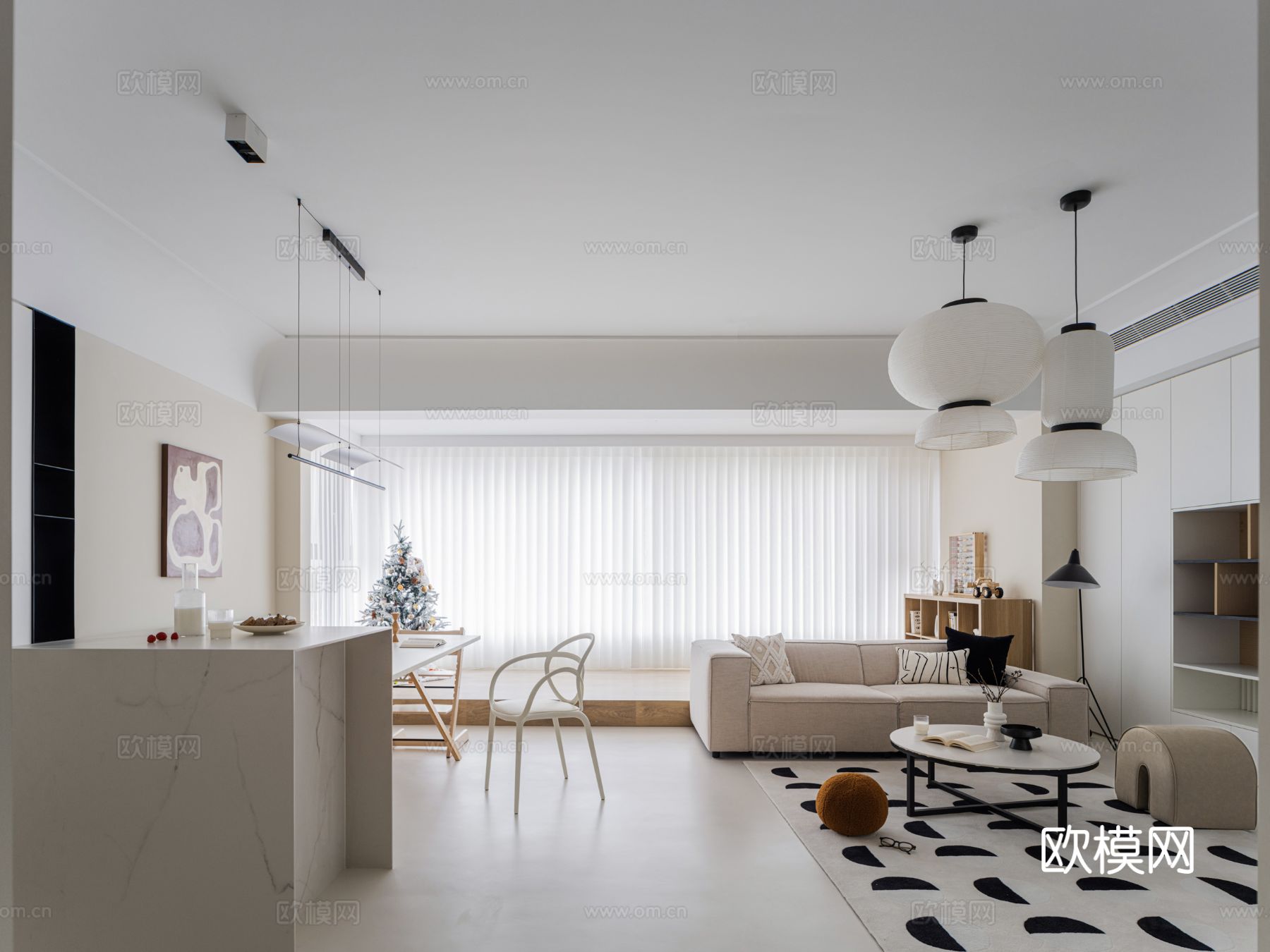 现代奶油风家装效果图客厅卧室餐厅 黑白灰极简效果图下载（渲染图5）