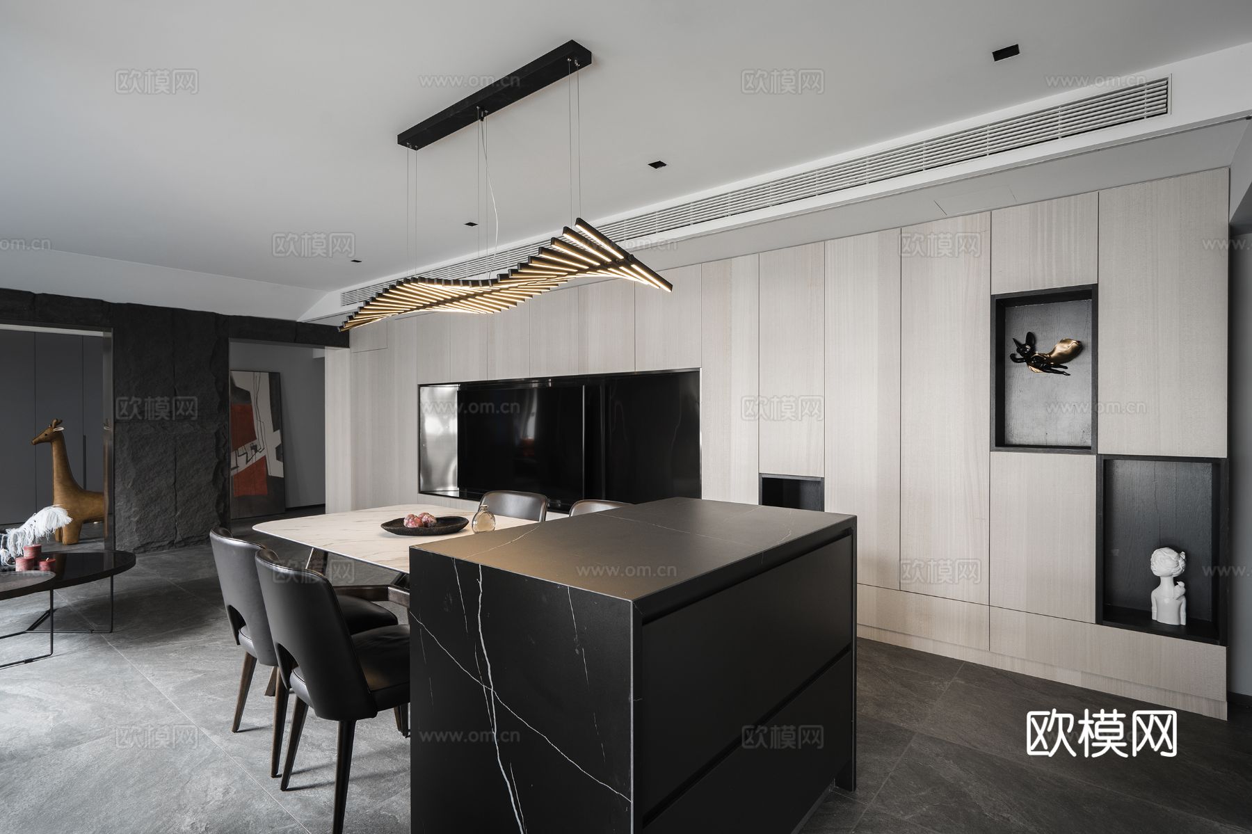 现代家装效果图客厅卧室餐厅黑白灰效果图下载（渲染图2）