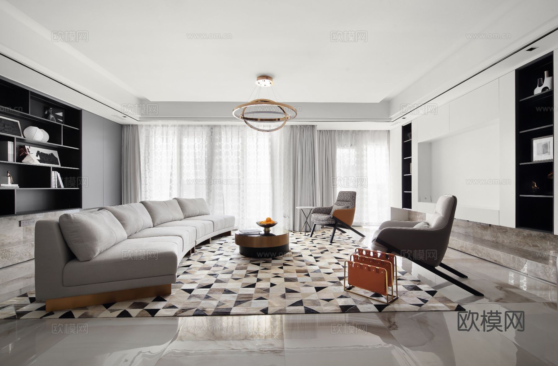 现代家装效果图 客厅卧室餐厅 高级黑自灰效果图下载（渲染图2）