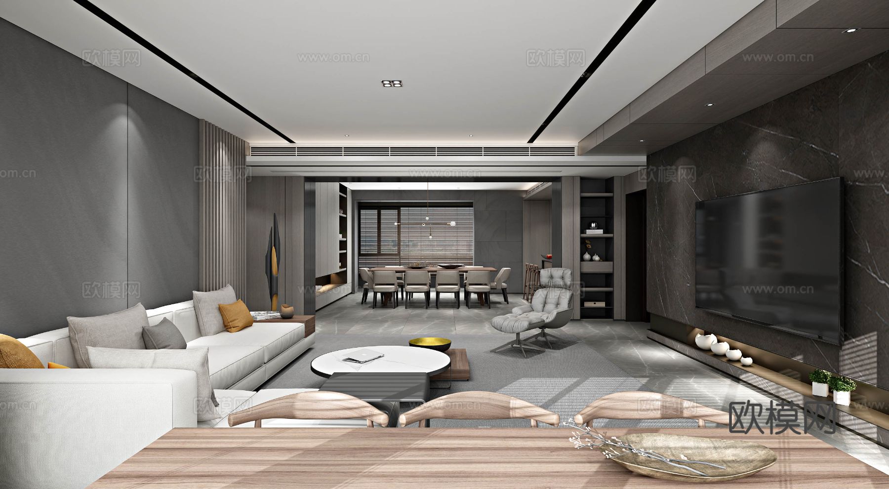 现代330m²大平层家装效果图客厅卧室餐厅 黑白灰极简效果图下载（渲染图8）