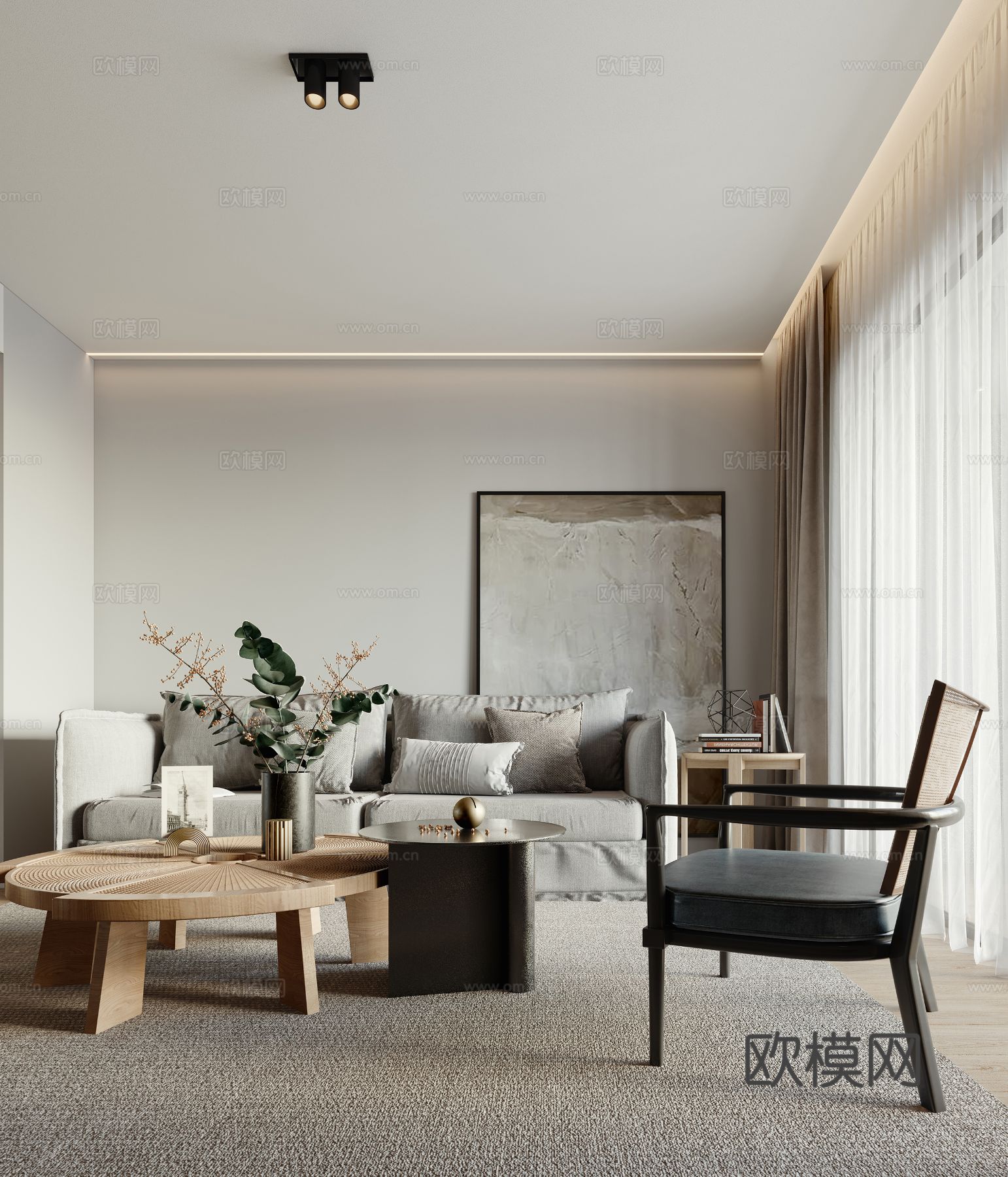现代奶油风家装设计客厅卧室餐厅 高级灰  极简效果图下载（渲染图1）