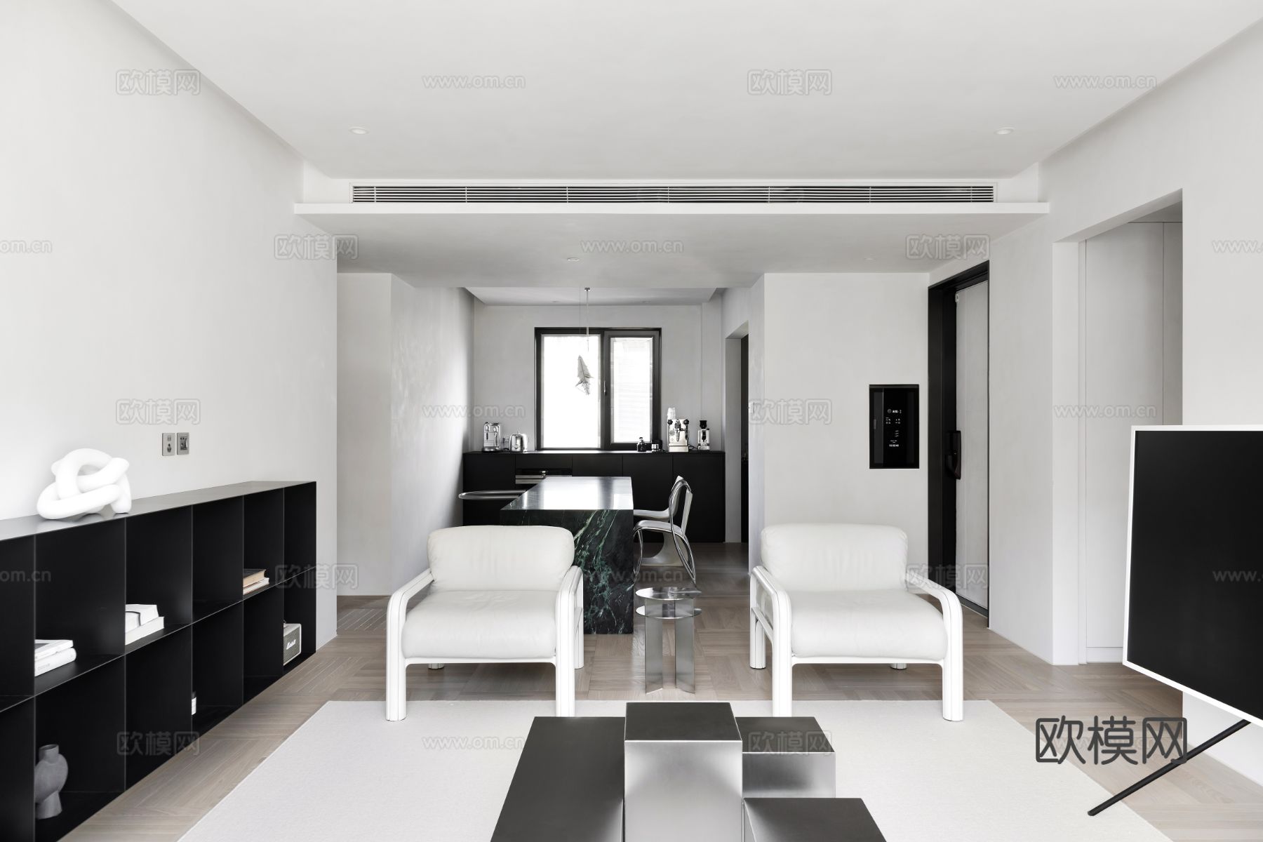 现代家装效果图 客厅卧室餐厅 高级黑白灰 纯净至简效果图下载（渲染图2）