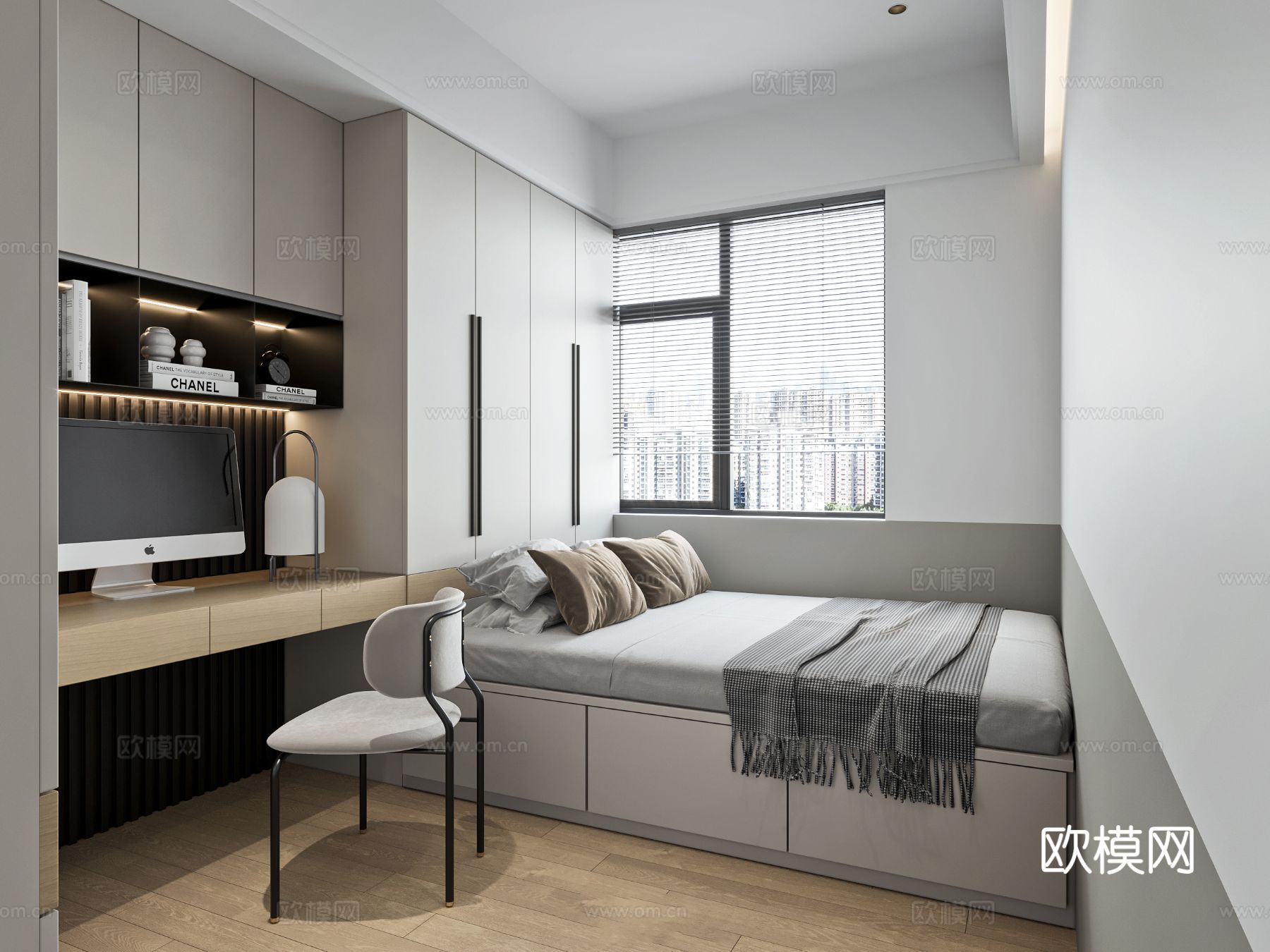 现代奶油风家装效果图客厅卧室餐厅 黑白灰极简效果图下载（渲染图3）