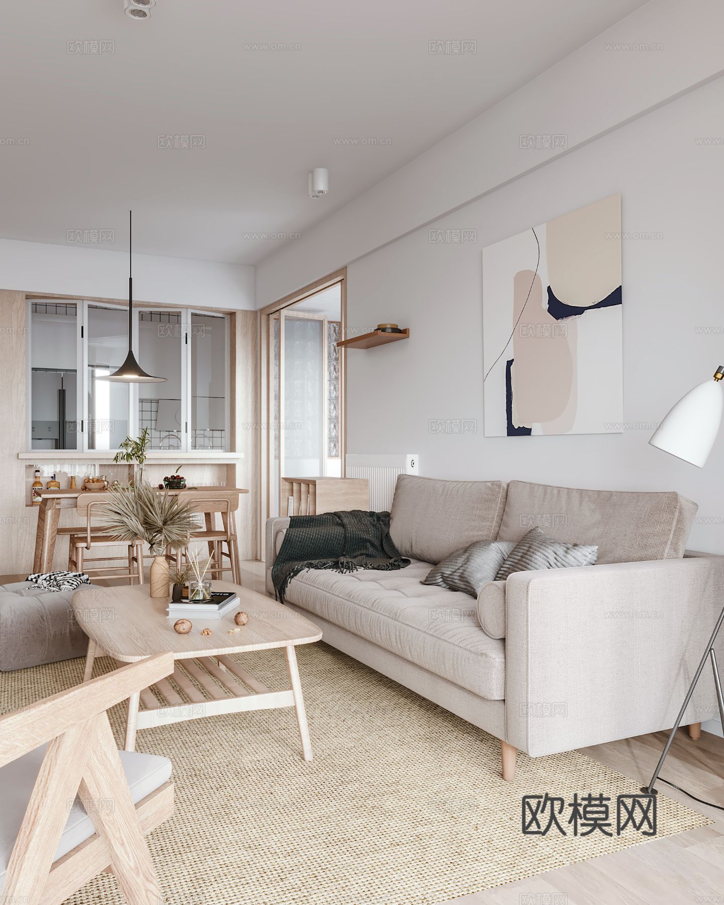 北欧家装效果图客厅卧室餐厅 黑白灰极简效果图下载（渲染图6）