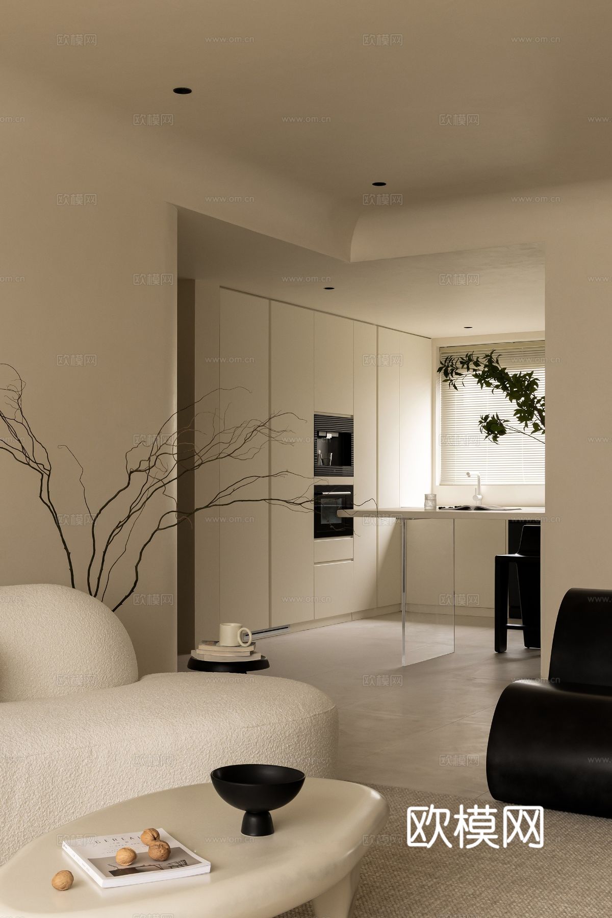 奶油风设计 客厅卧室餐厅 黑白灰 公寓效果图效果图下载（渲染图7）