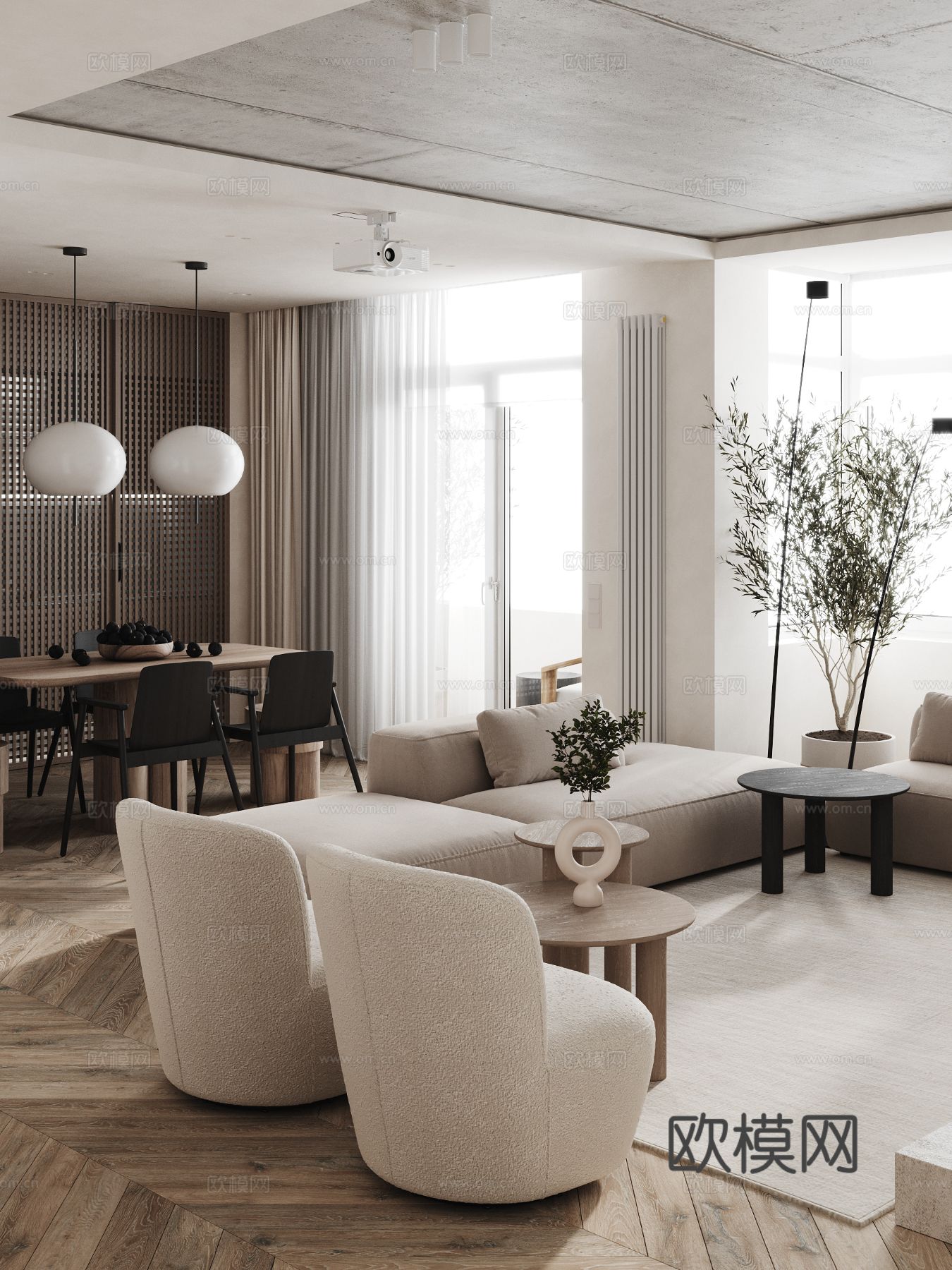 现代奶油风家装效果图客厅卧室餐厅 黑白灰极简效果图下载（渲染图1）