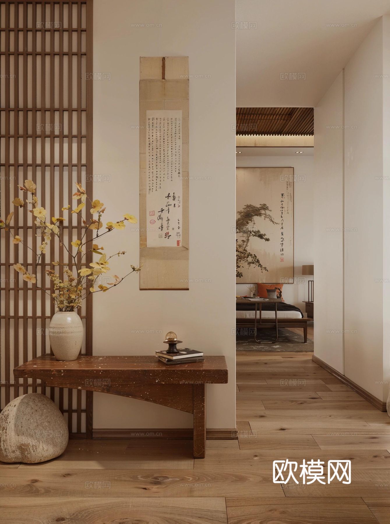 现代宋代美学家装效果图卧室客厅餐厅 高级灰极简设计中式效果图下载（渲染图2）