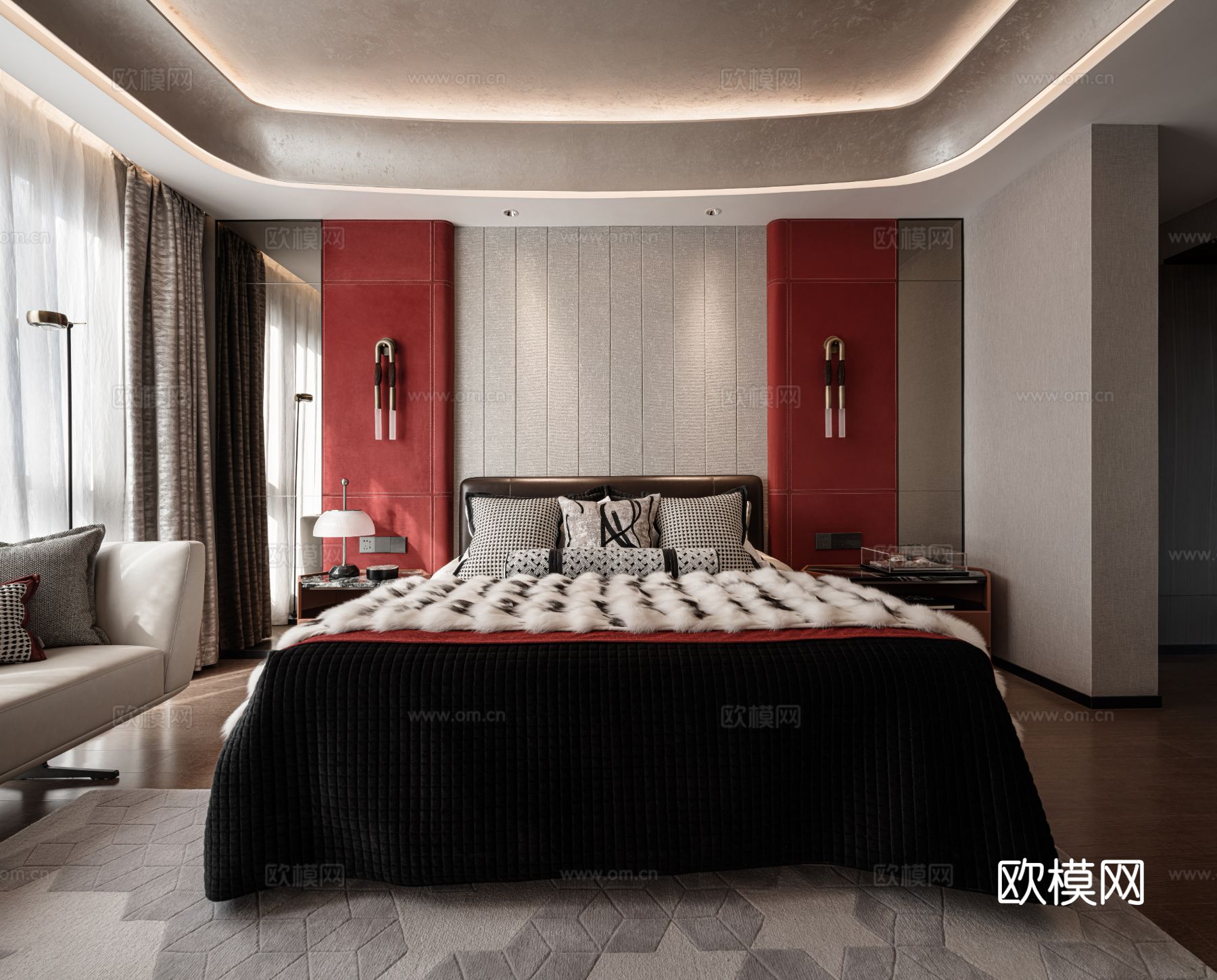 现代宋代美学家装效果图卧室客厅餐厅 高级灰极简设计中式效果图下载（渲染图12）