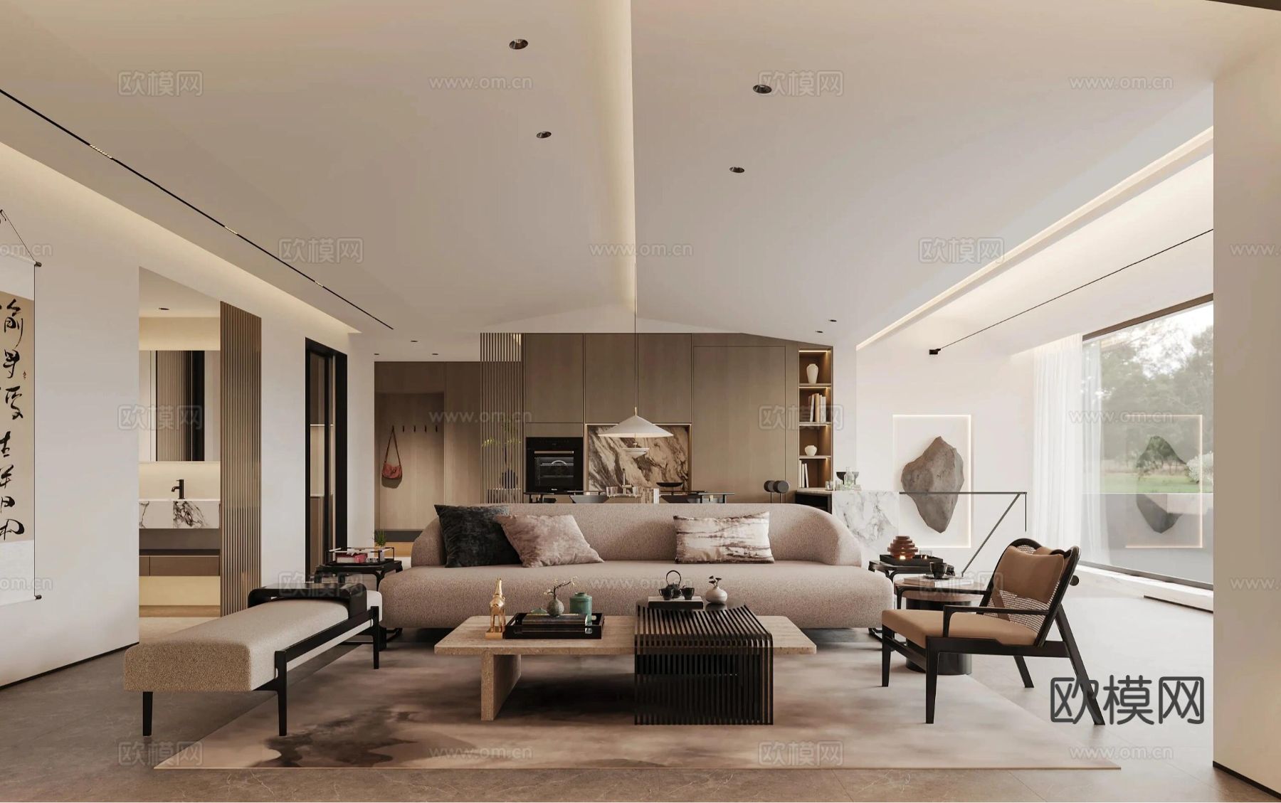 现代宋代美学家装效果图卧室客厅餐厅 高级灰极简设计中式效果图下载（渲染图4）