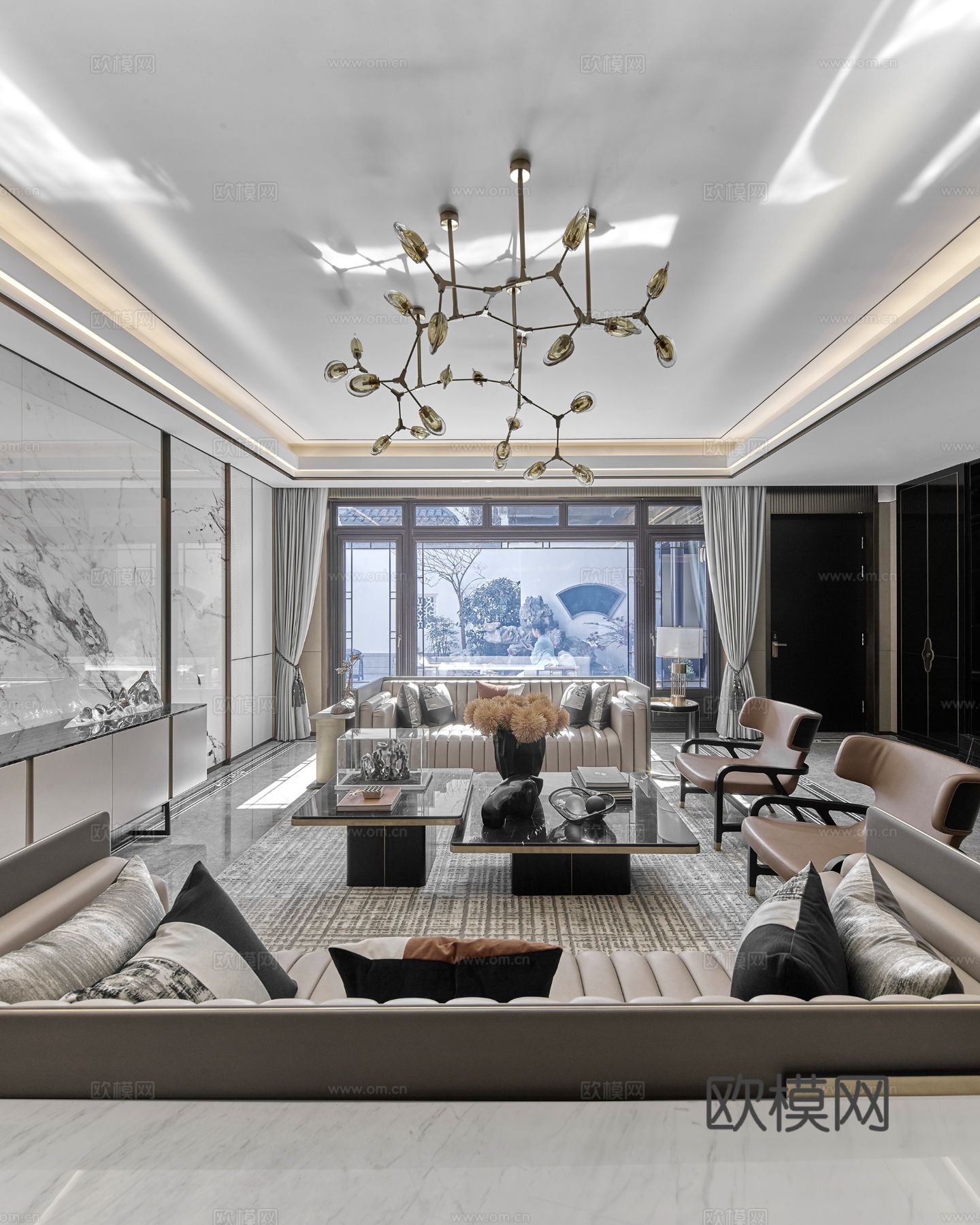 新中式家装效果图卧室客厅餐厅 高级灰极简设计高级灰效果图下载（渲染图1）
