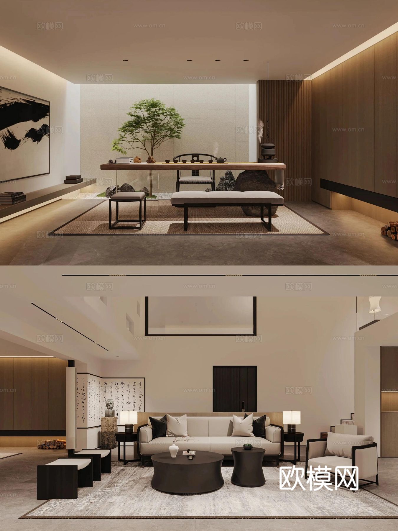 现代宋代美学家装效果图卧室客厅餐厅 高级灰极简设计中式效果图下载（渲染图3）